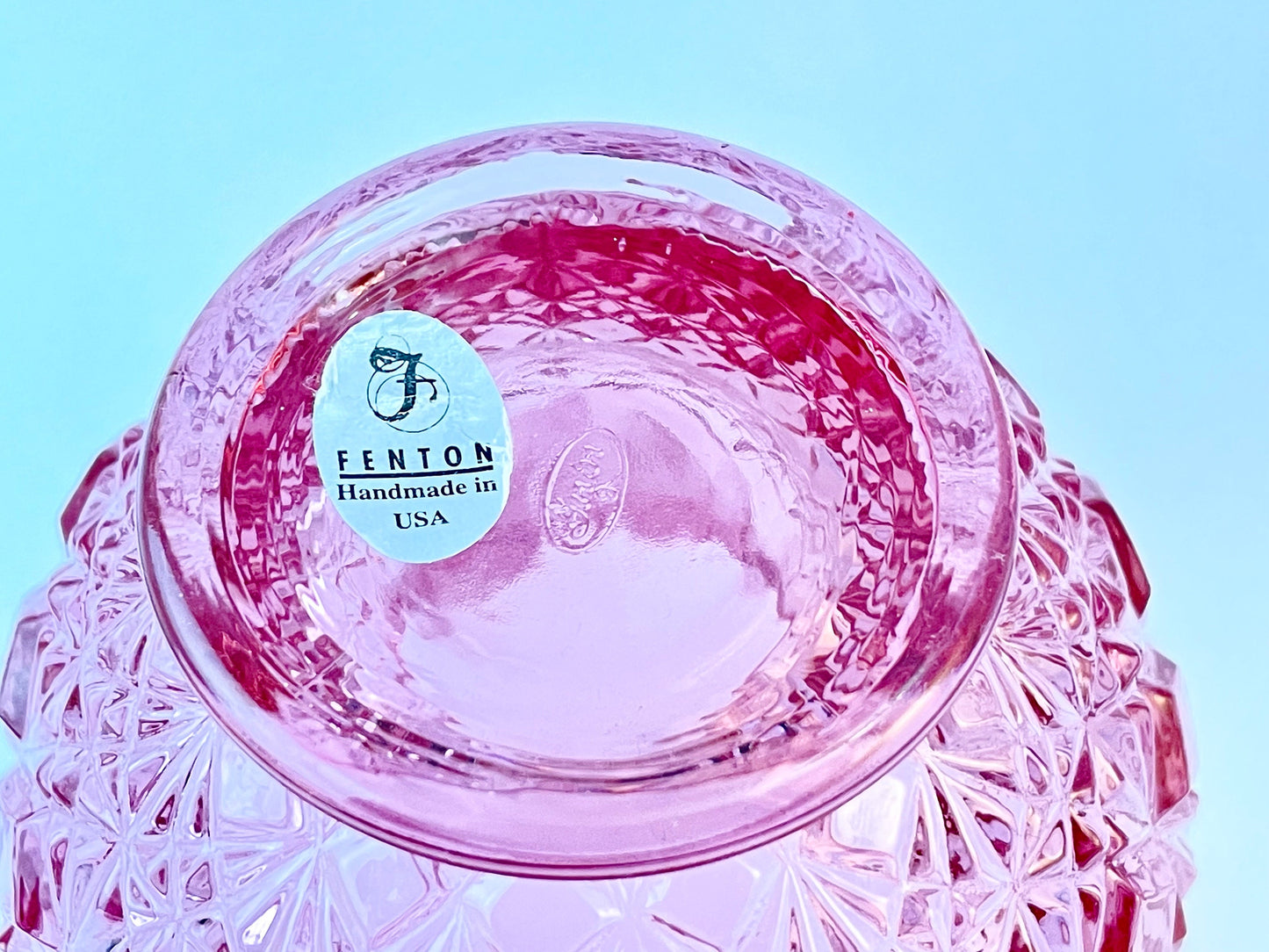 Fenton Lavender Pink Bowl Vase with Sticker, Diamond Pattern, Crimped / Ruffled Rim, Circa 1990s
