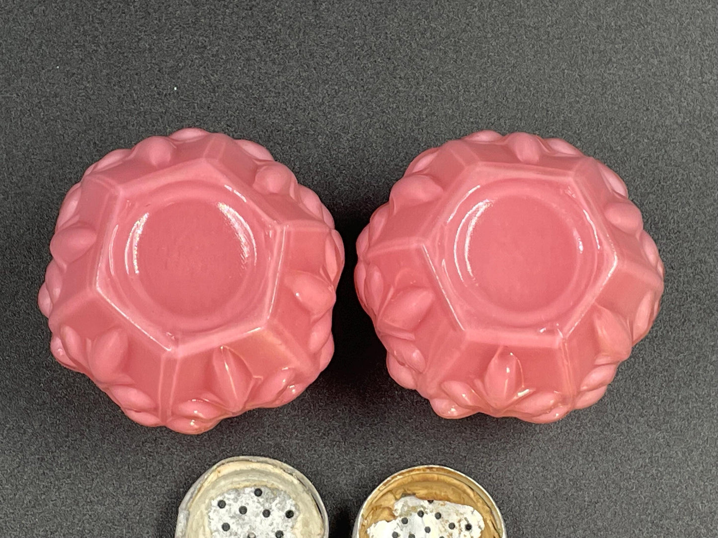 Victorian EAPG Cased Pink Salt and Pepper Shakers, Consolidated Lamp & Glass Co, Low Scroll Pattern c1894