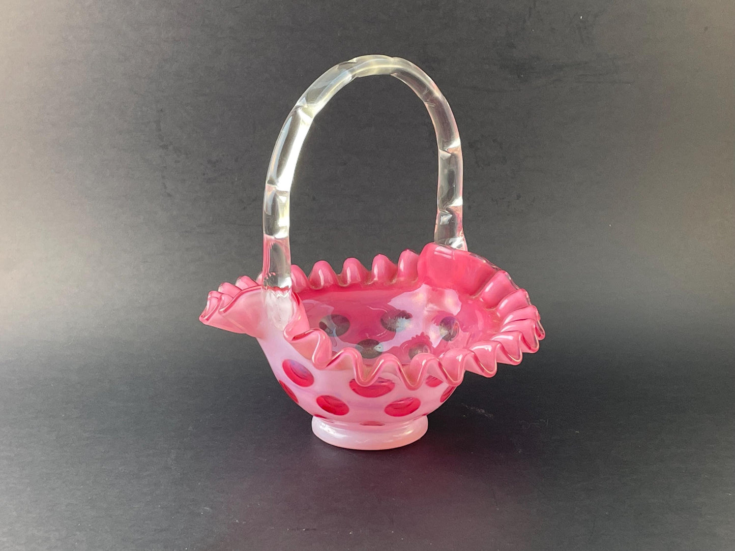 Fenton Cranberry Coin Dot Basket 7" #1437 Crimped Rim