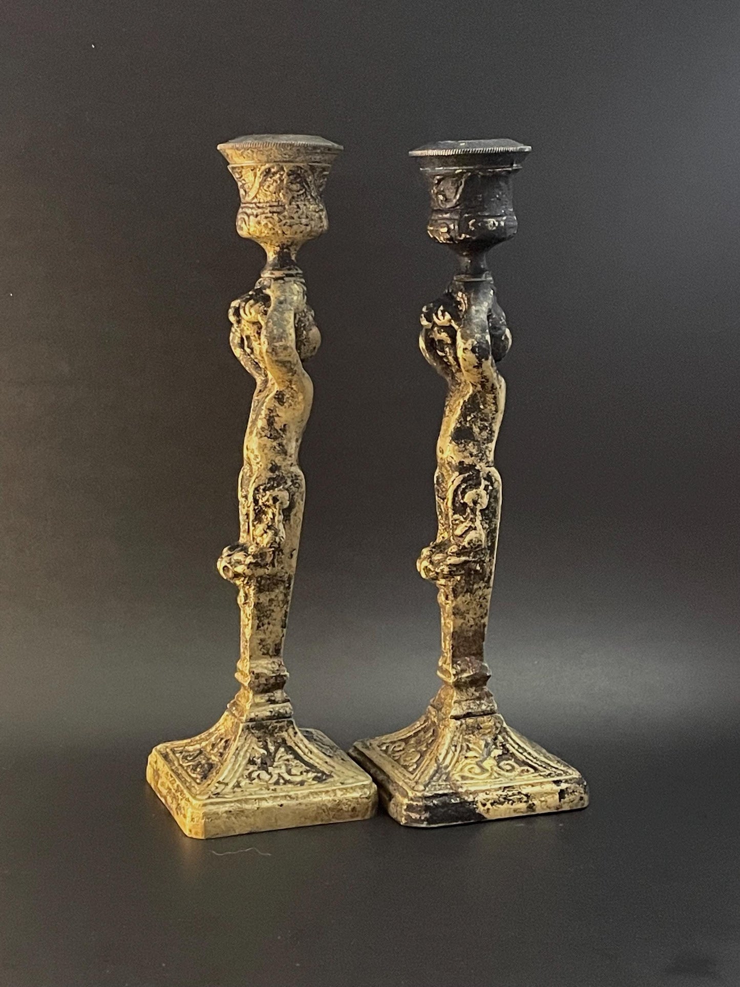 Two (2) Brass Cherub Fleur-de-Lys Candlestick Holders 7-1/4"