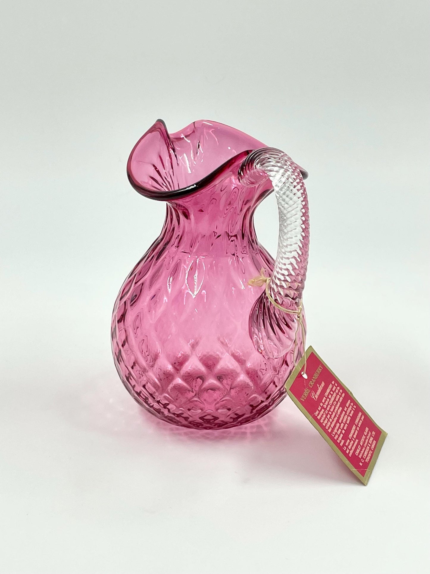 Chalet Cranberry Pitcher Diamond Optic Pattern, Canadiana Collection, With Original Swing Tag, Circa 1962-1975