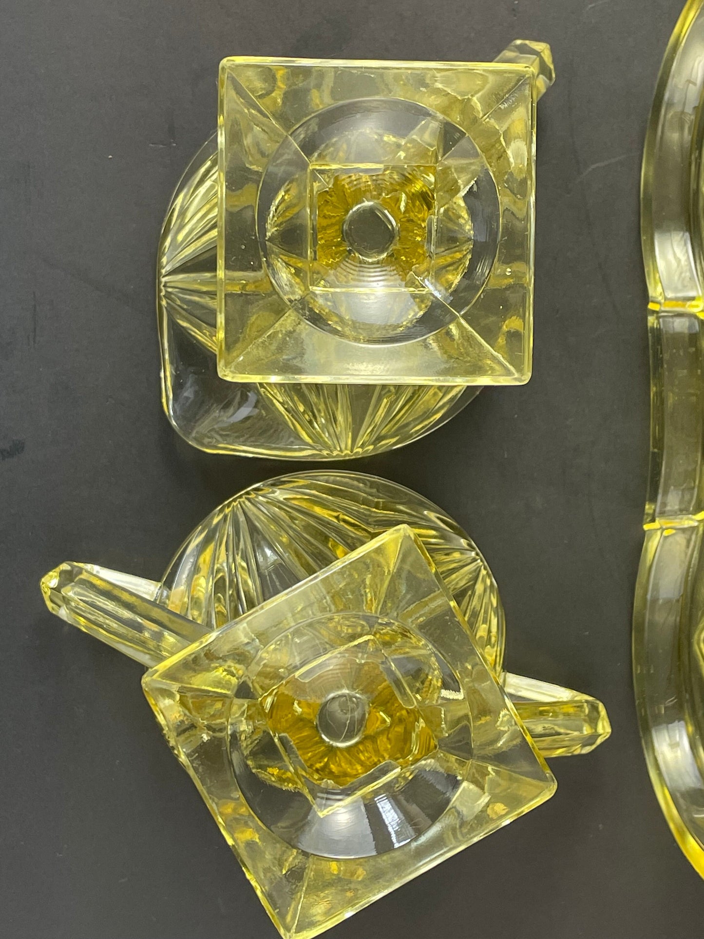 Indiana Glass Art Deco Pyramid Creamer Sugar with Tray Yellow Depression Glass 1926-1932