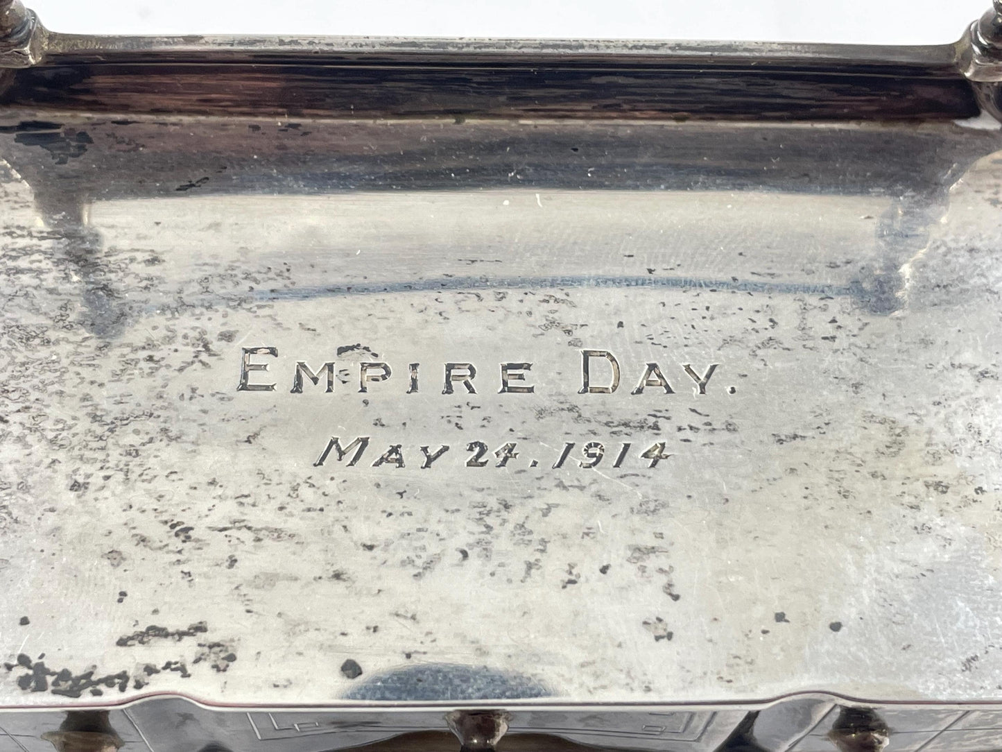 Edwardian Sterling Silver Trinket Jewelry Box, Engraved Empire Day May 24, 1914, Hallmarked Birmingham England 1913, 164 grams