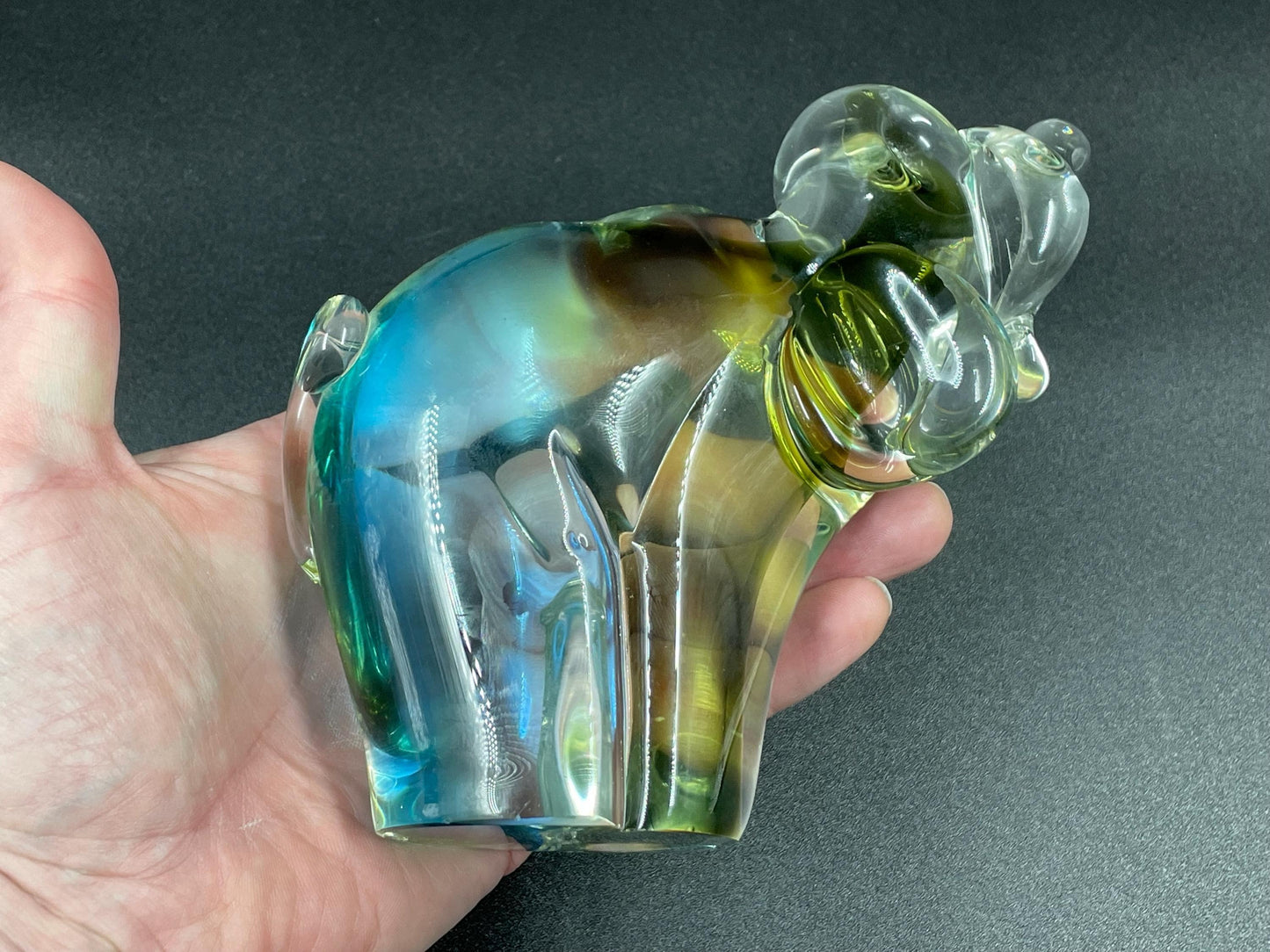 Lorraine Olive/Blue Art Glass Hound Dog, Canadian Art Glass Circa 1962-1974