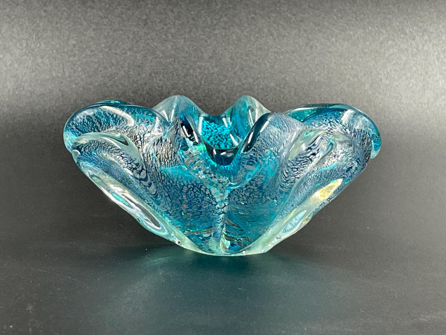 Small Italian Murano Silver Aventurine Aqua Blue Ashtray Trinket Dish