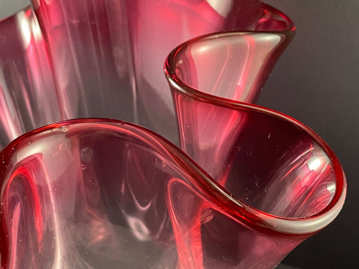 Large Chalet Cranberry Hankerchief Fazzoletto Vase, Etched Chalet Art Glass Vase, 1960s