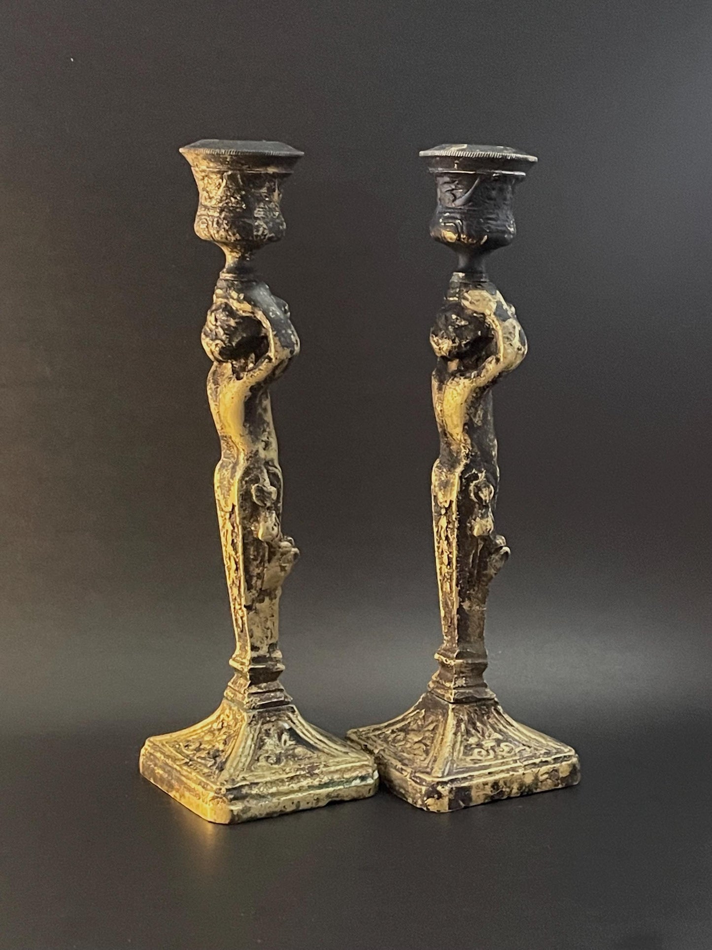 Two (2) Brass Cherub Fleur-de-Lys Candlestick Holders 7-1/4"
