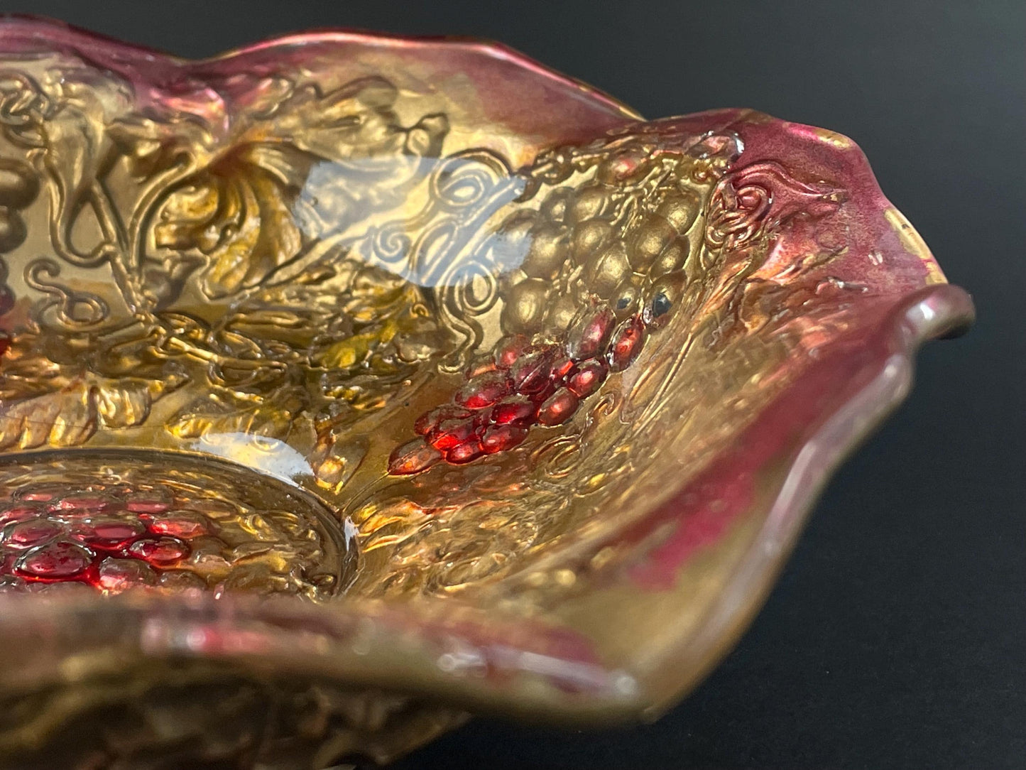 Antique Goofus Glass Dish, Enamel Painted Gold and Red Grape and Leaves