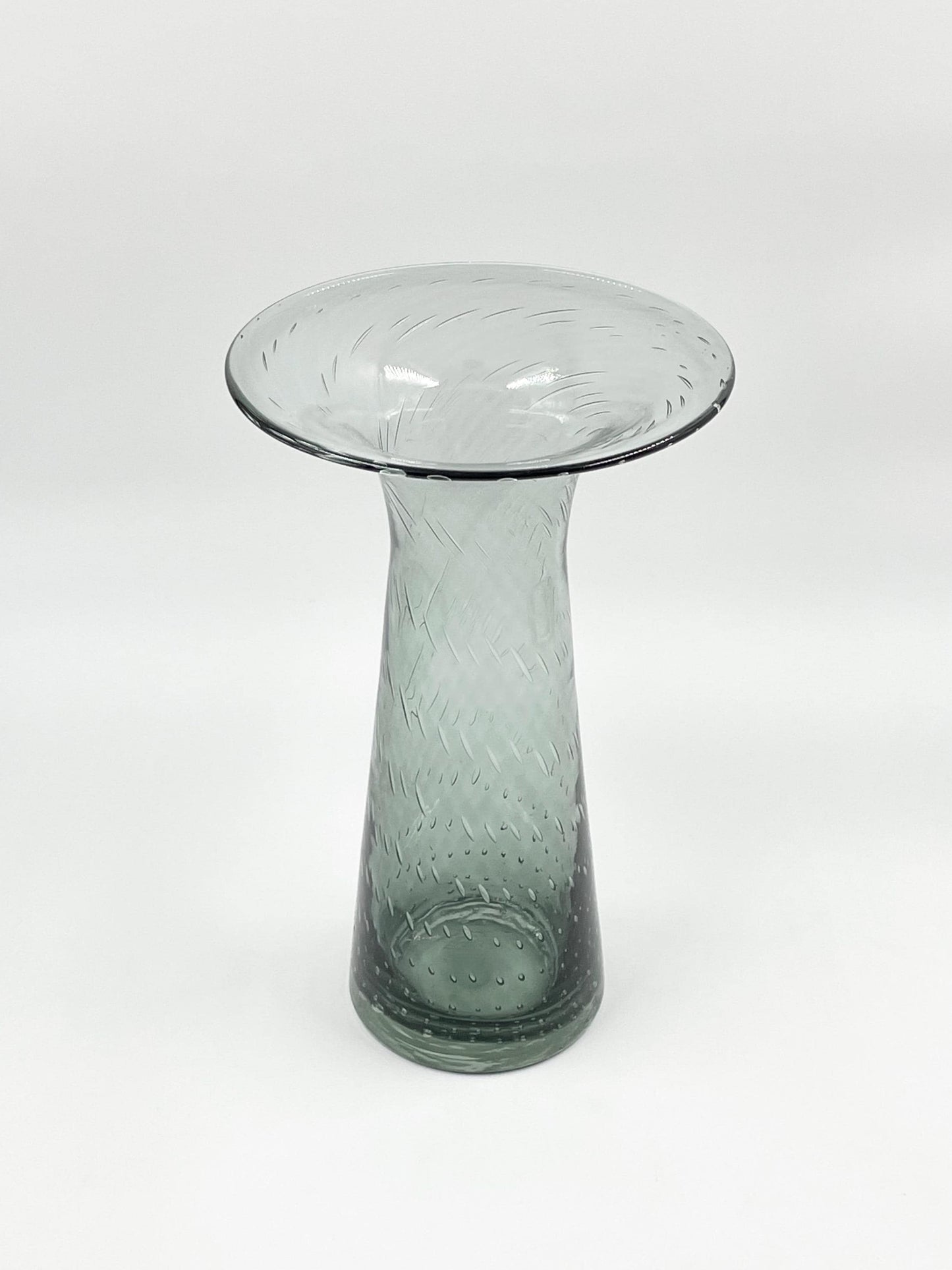 Large Charcoal Gray Bullicante Art Glass Vase, Wide Flared Top Handblown Glass Vase with Controlled Bubbles