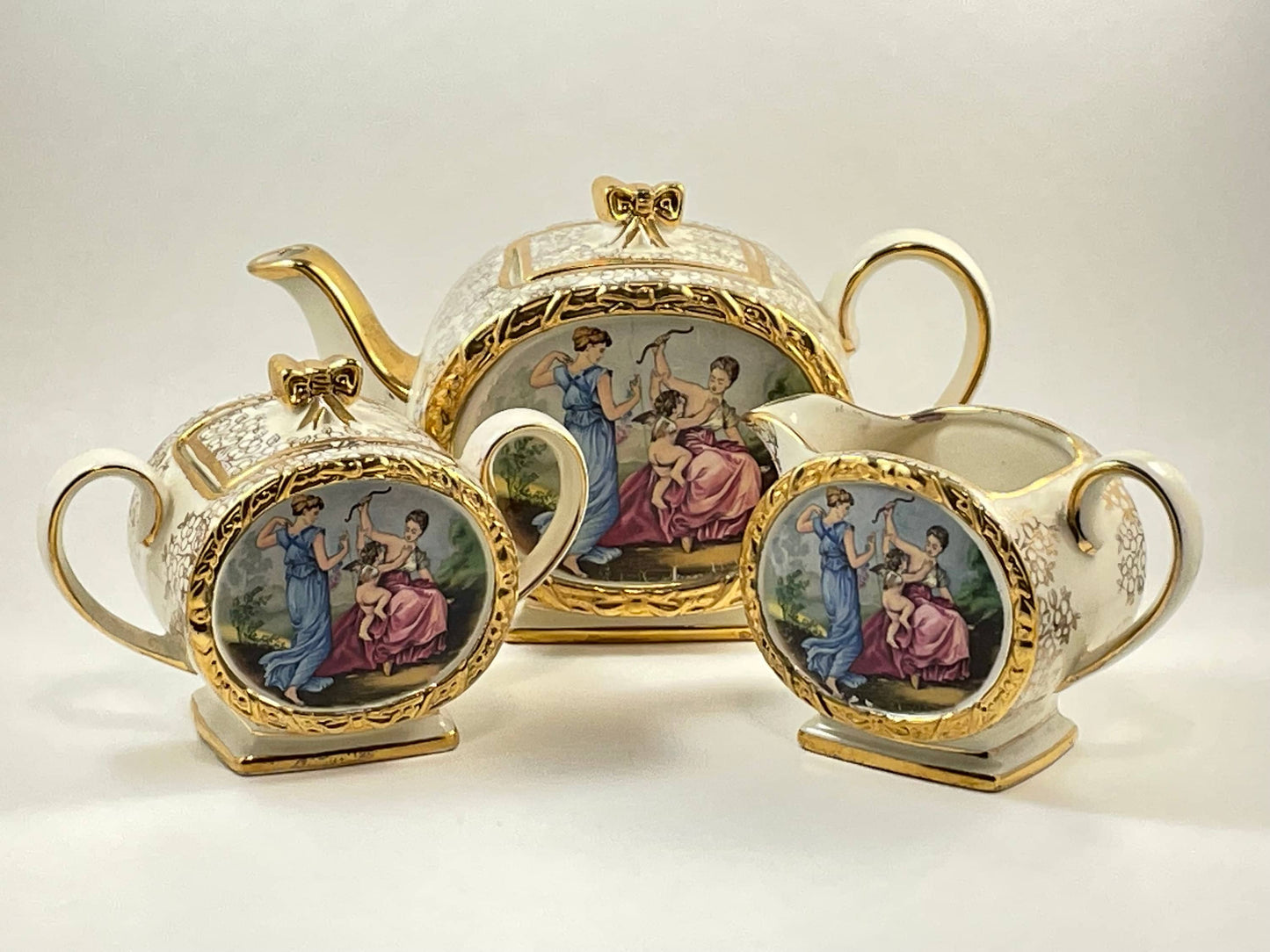 James Sadler Cherub Barrel Teapot Creamer Sugar Set, Vintage 1940s Tea Set, Made in England