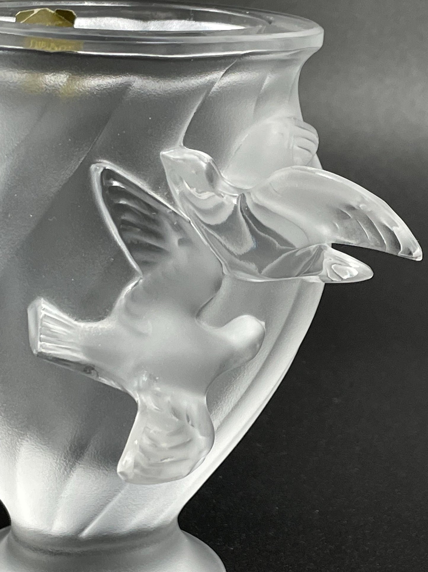 Lalique "Rosine" Flying Doves Frosted Crystal Vase, Signed Lalique (R) France With Sticker