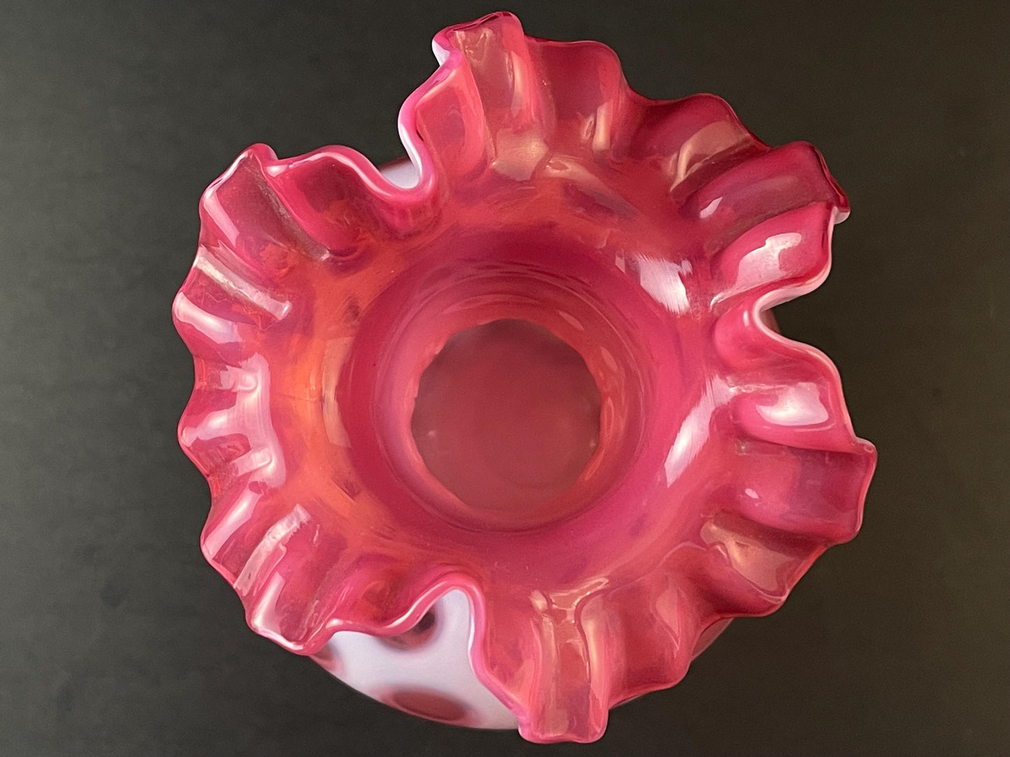 Fenton Cranberry Coin Dot Vase 7-1/4" #1457 Crimped Ruffled Rim