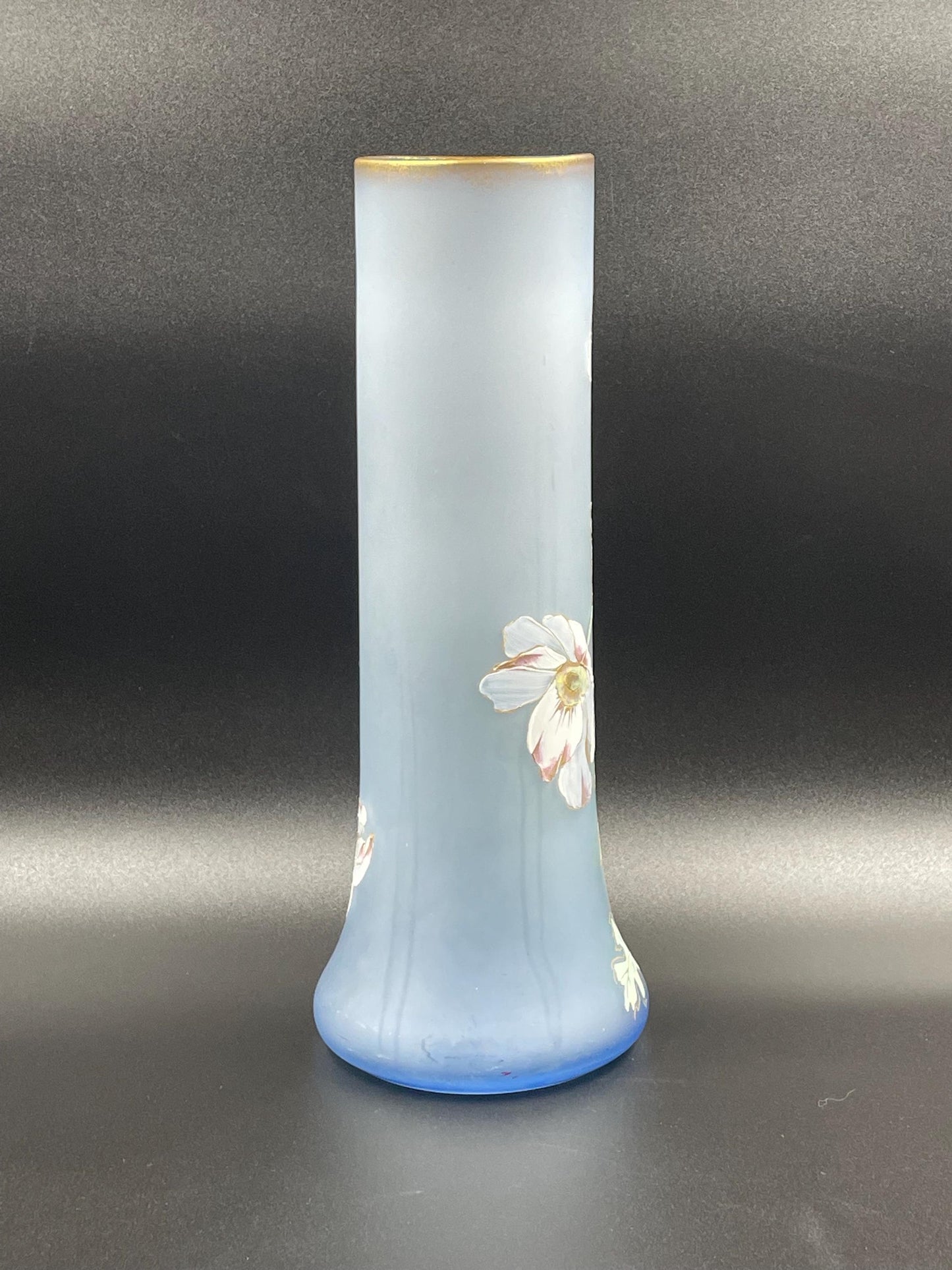 Antique French Legras Handpainted Floral Periwinkle Blue Satin Glass Vase 14"