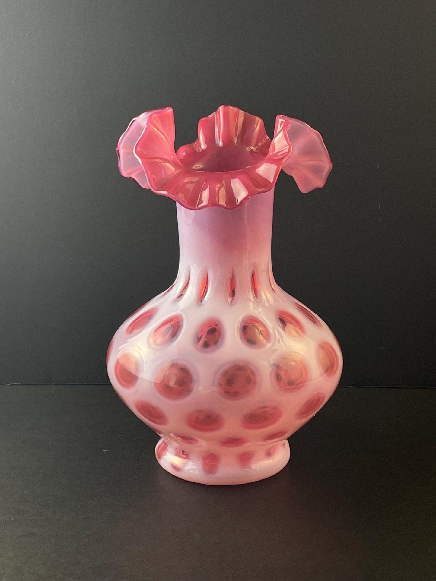 Fenton Cranberry Coin Dot Vase 7-1/4" #1457 Crimped Ruffled Rim