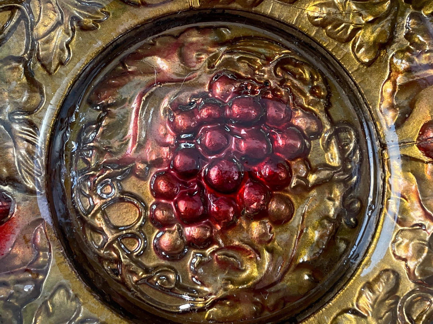 Antique Goofus Glass Dish, Enamel Painted Gold and Red Grape and Leaves