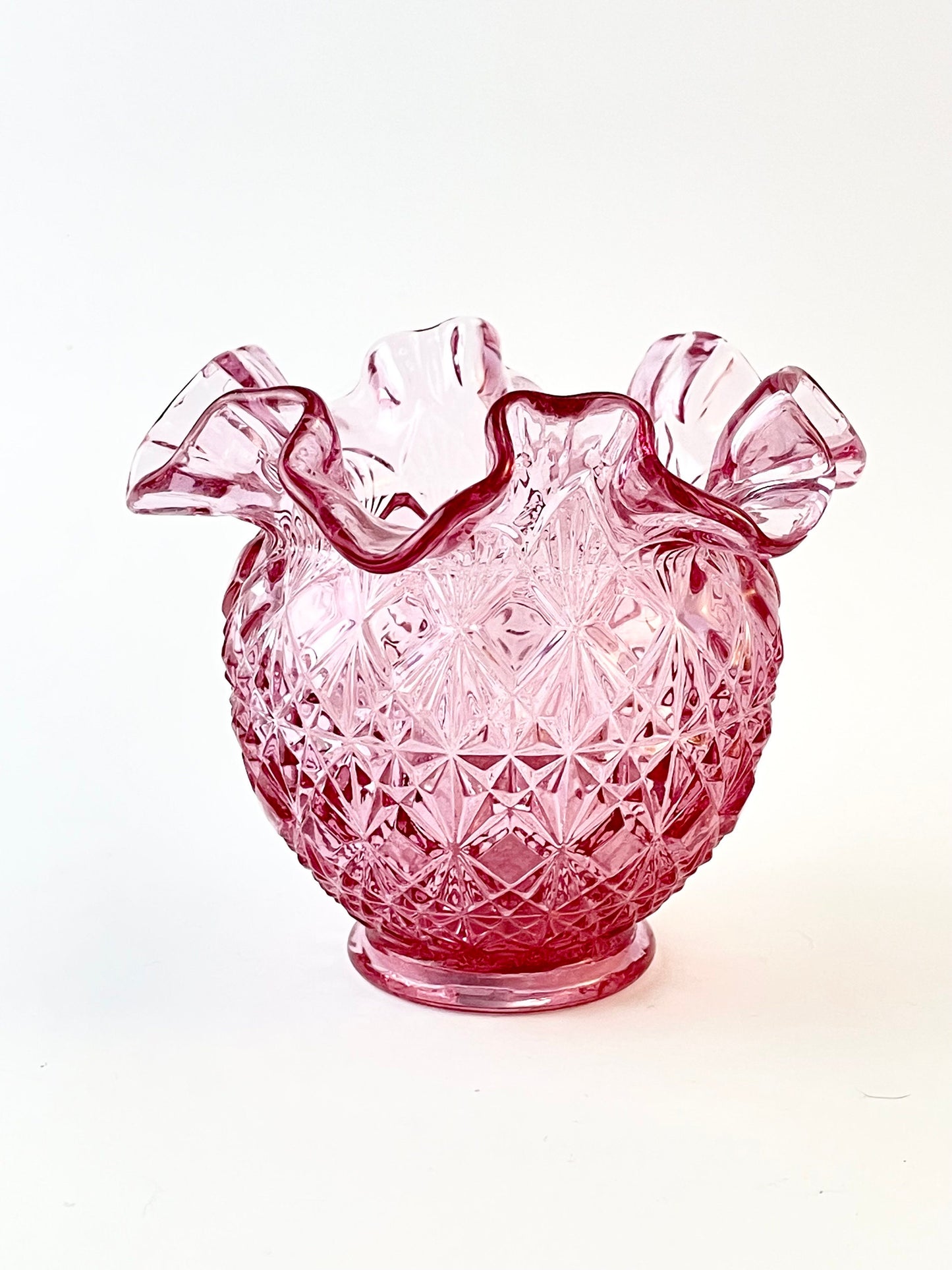 Fenton Lavender Pink Bowl Vase with Sticker, Diamond Pattern, Crimped / Ruffled Rim, Circa 1990s