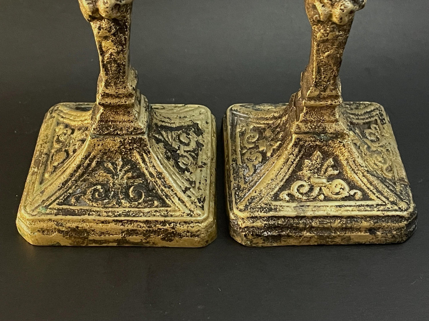 Two (2) Brass Cherub Fleur-de-Lys Candlestick Holders 7-1/4"