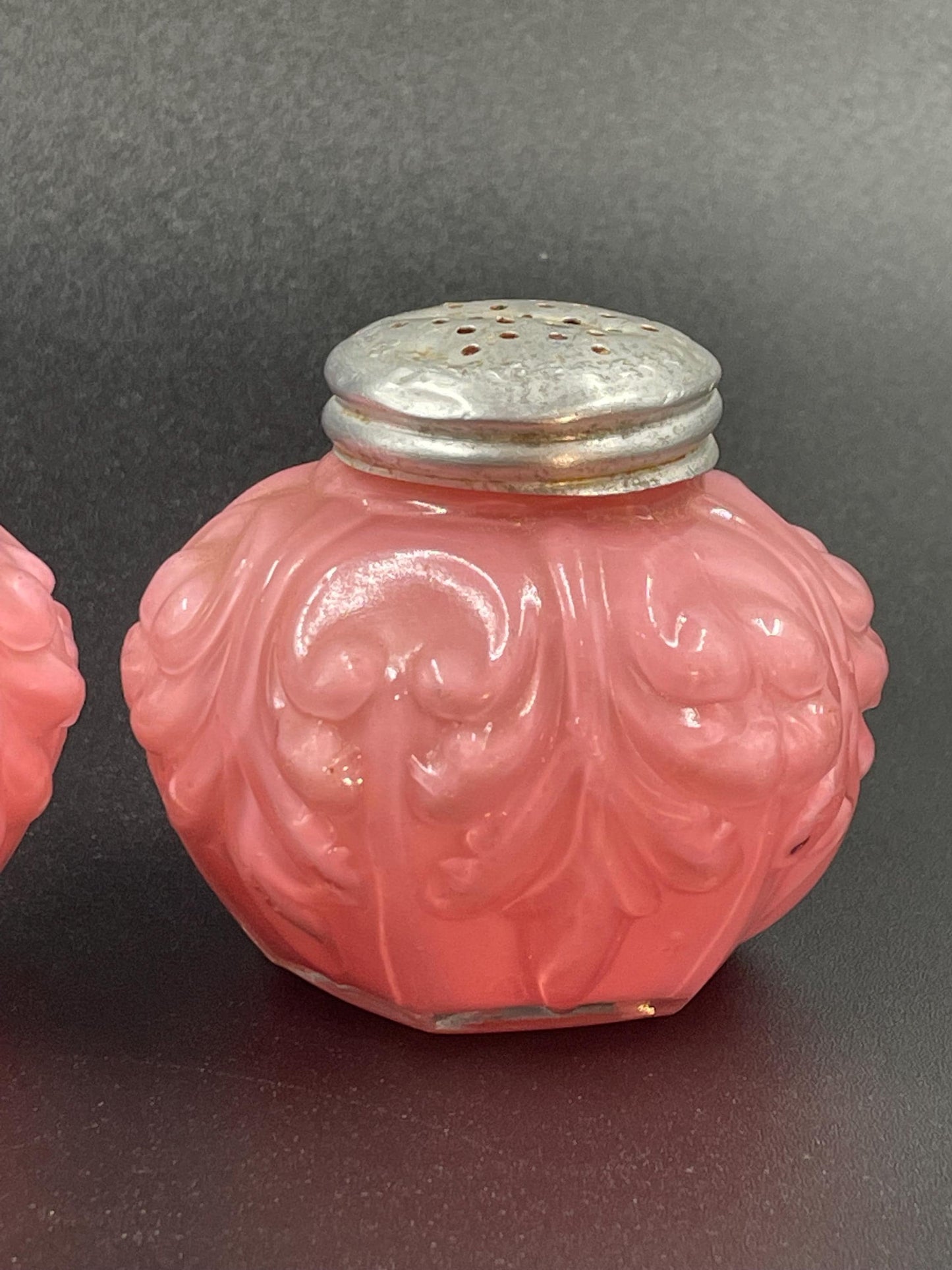 Victorian EAPG Cased Pink Salt and Pepper Shakers, Consolidated Lamp & Glass Co, Low Scroll Pattern c1894