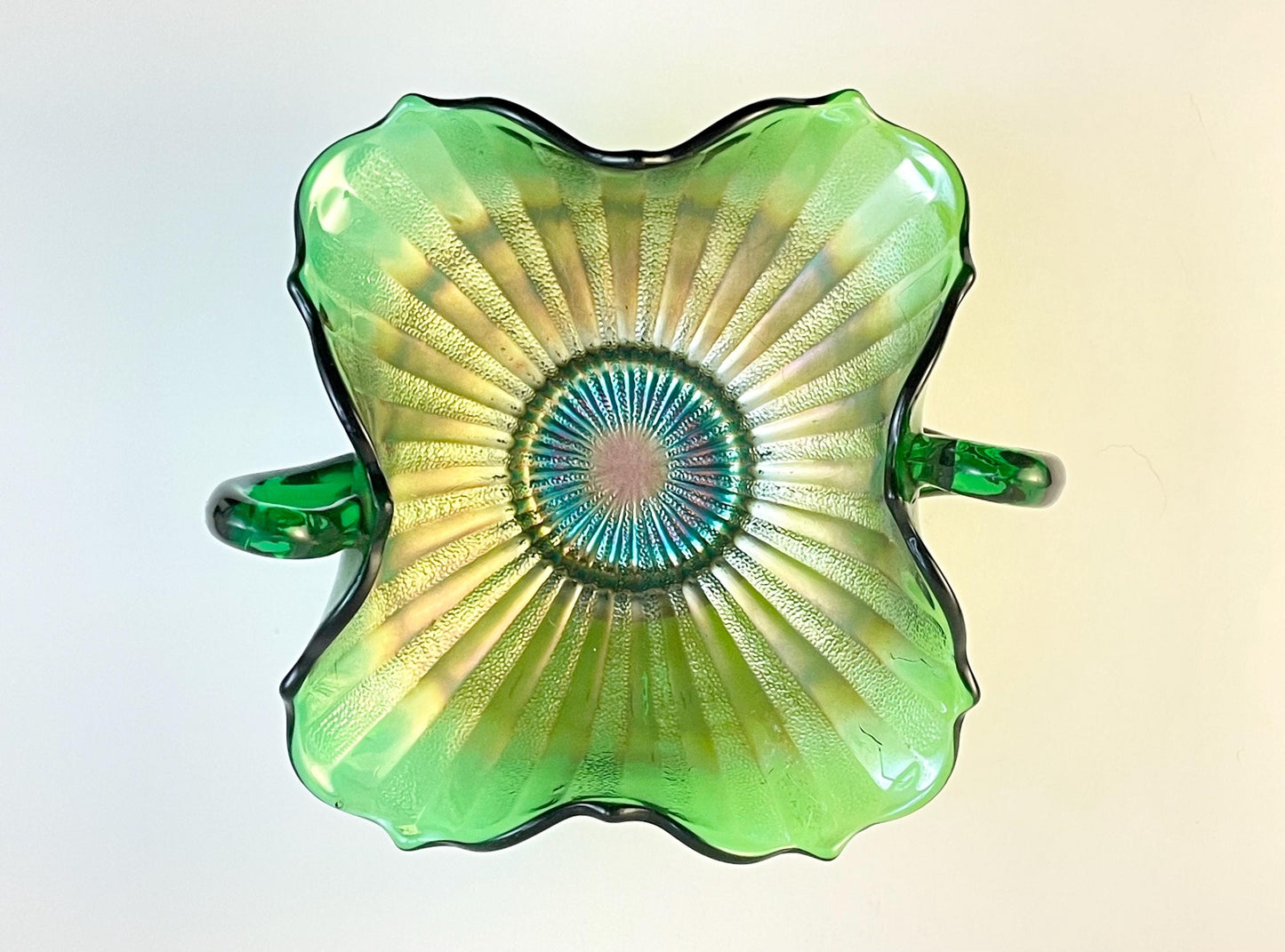 Fenton Stippled Rays Green Carnival Candy Dish