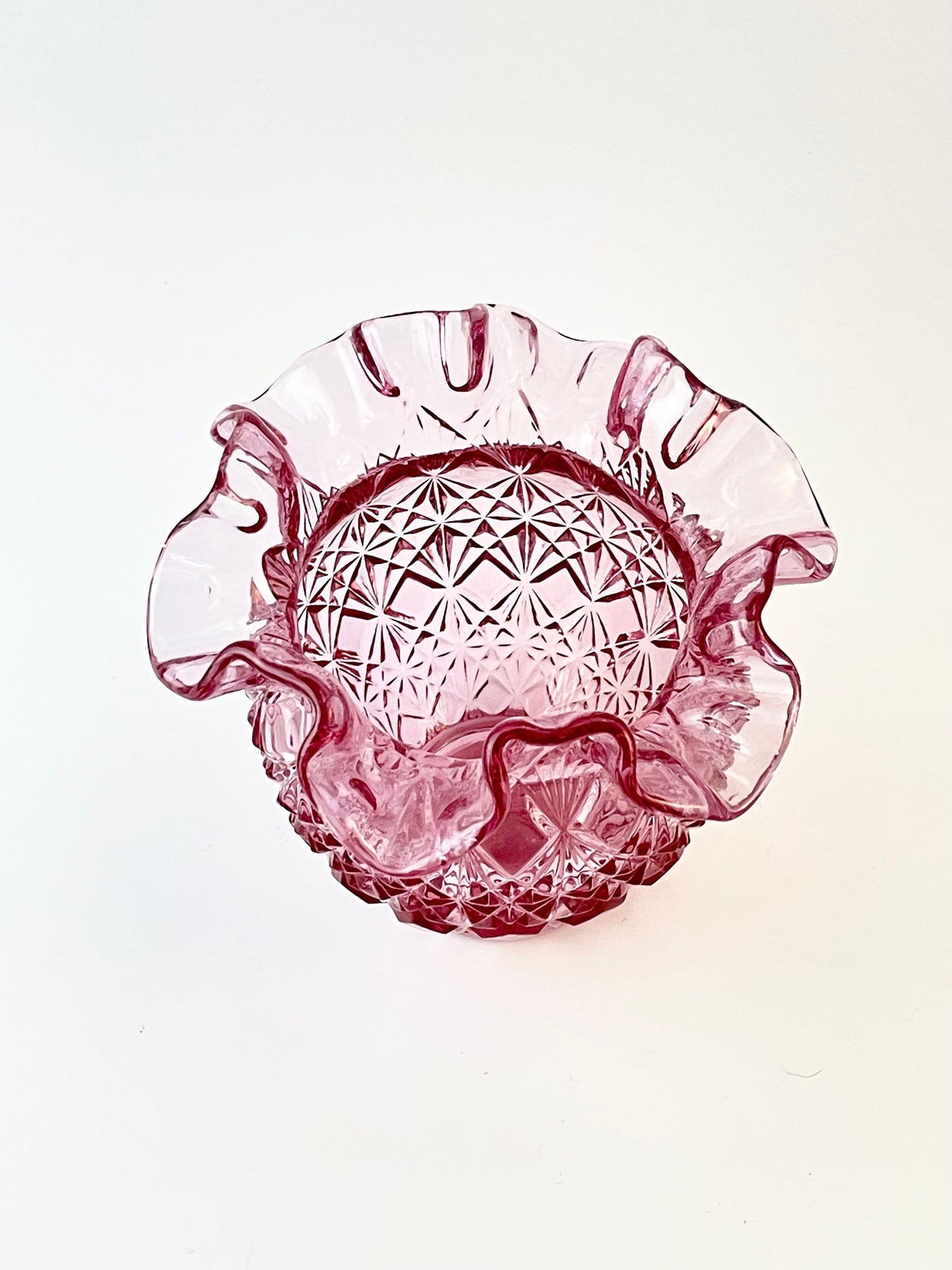 Fenton Lavender Pink Bowl Vase with Sticker, Diamond Pattern, Crimped / Ruffled Rim, Circa 1990s