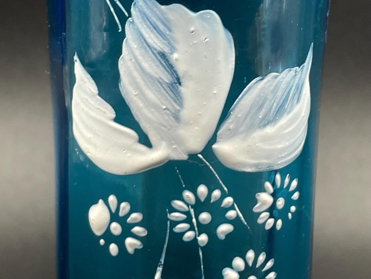 Antique Handblown Glass Blue Paneled Vase, White Enamel Floral Motif, Crimped Rim