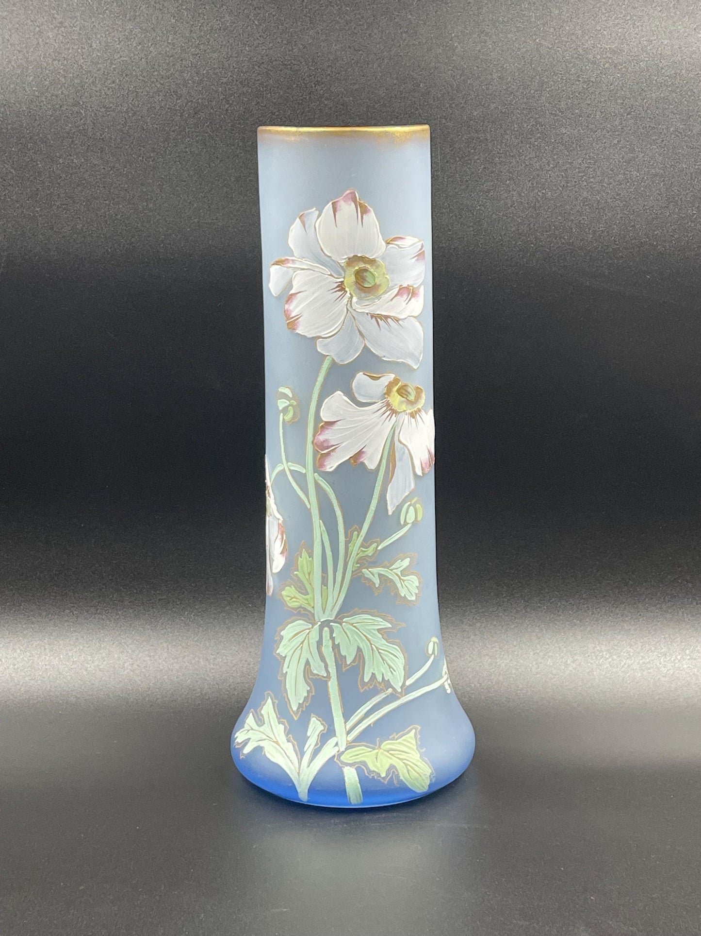 Antique French Legras Handpainted Floral Periwinkle Blue Satin Glass Vase 14"