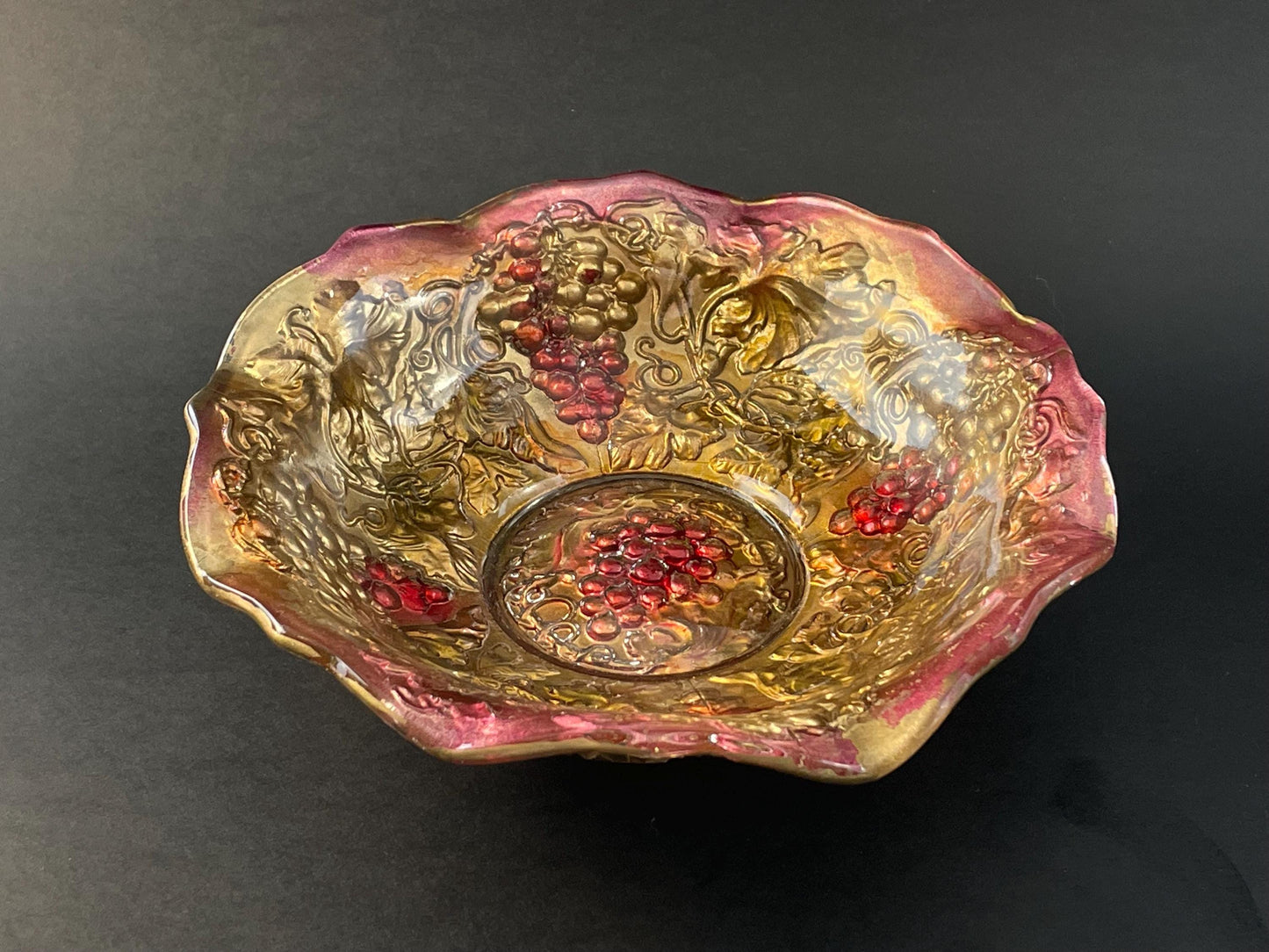 Antique Goofus Glass Dish, Enamel Painted Gold and Red Grape and Leaves