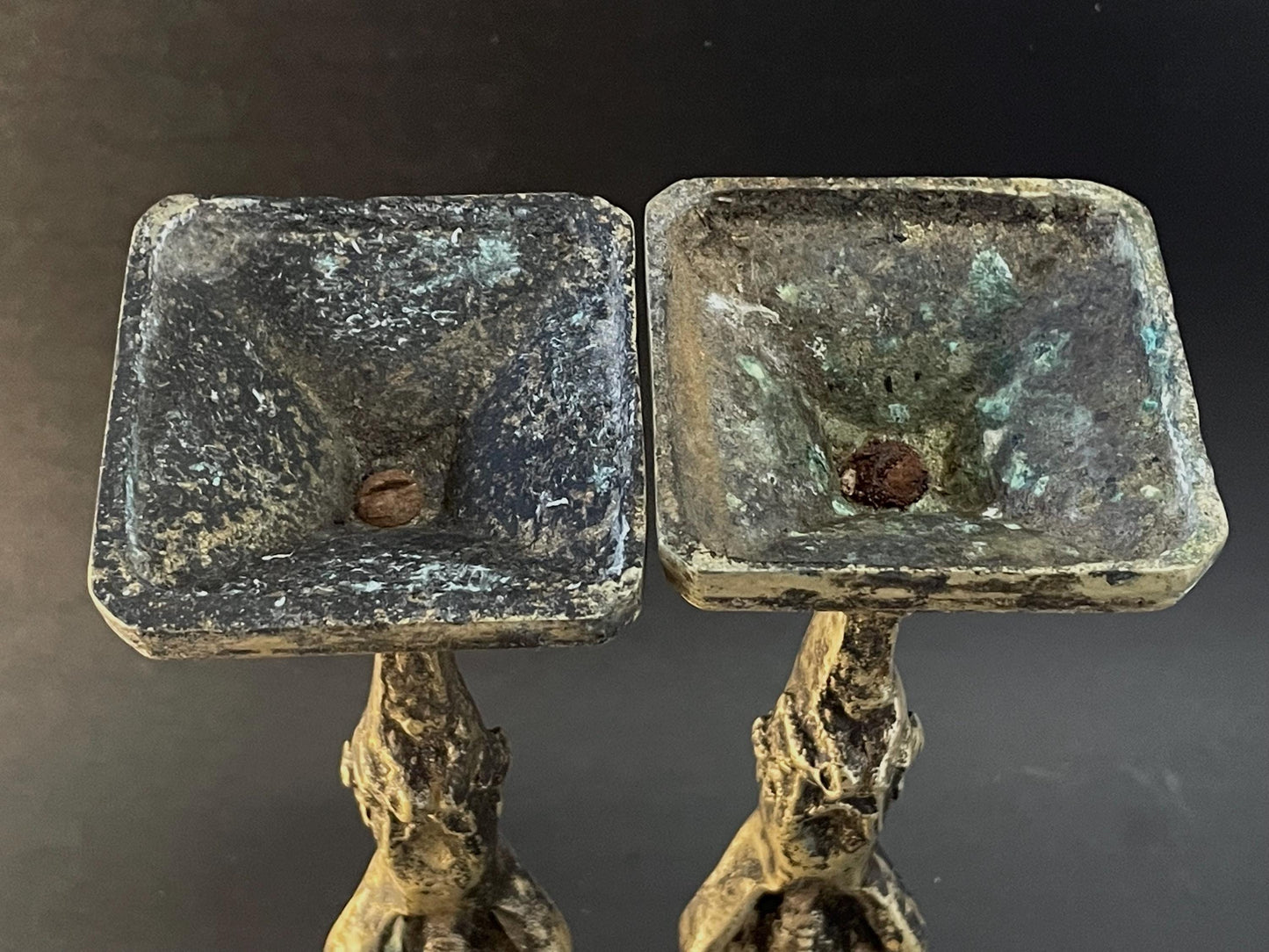 Two (2) Brass Cherub Fleur-de-Lys Candlestick Holders 7-1/4"