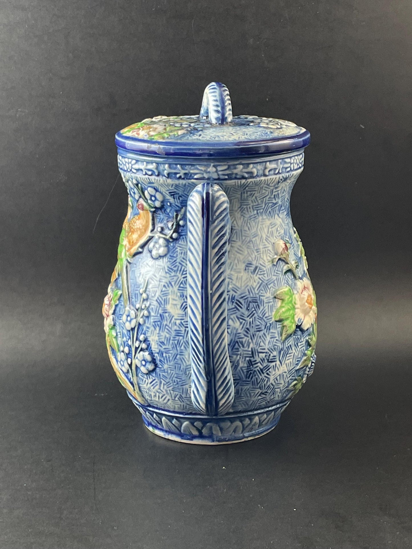 Japan Hand-painted Majolica Lidded Pitcher/Jug With Florals and Birds