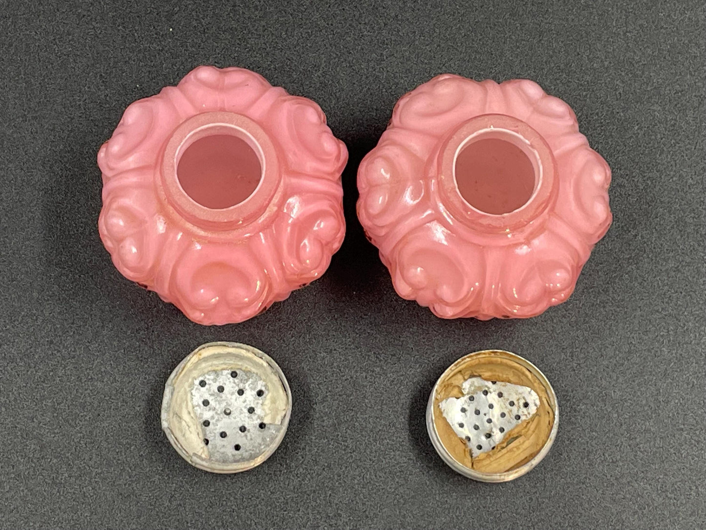 Victorian EAPG Cased Pink Salt and Pepper Shakers, Consolidated Lamp & Glass Co, Low Scroll Pattern c1894