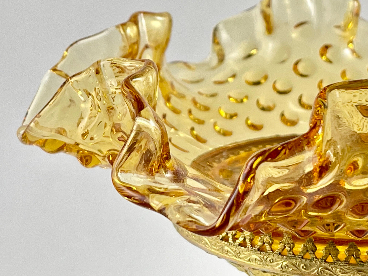 Fenton Ruffled Amber Hobnail Pedestal Dish on Ornate Gold Painted Metal Stand