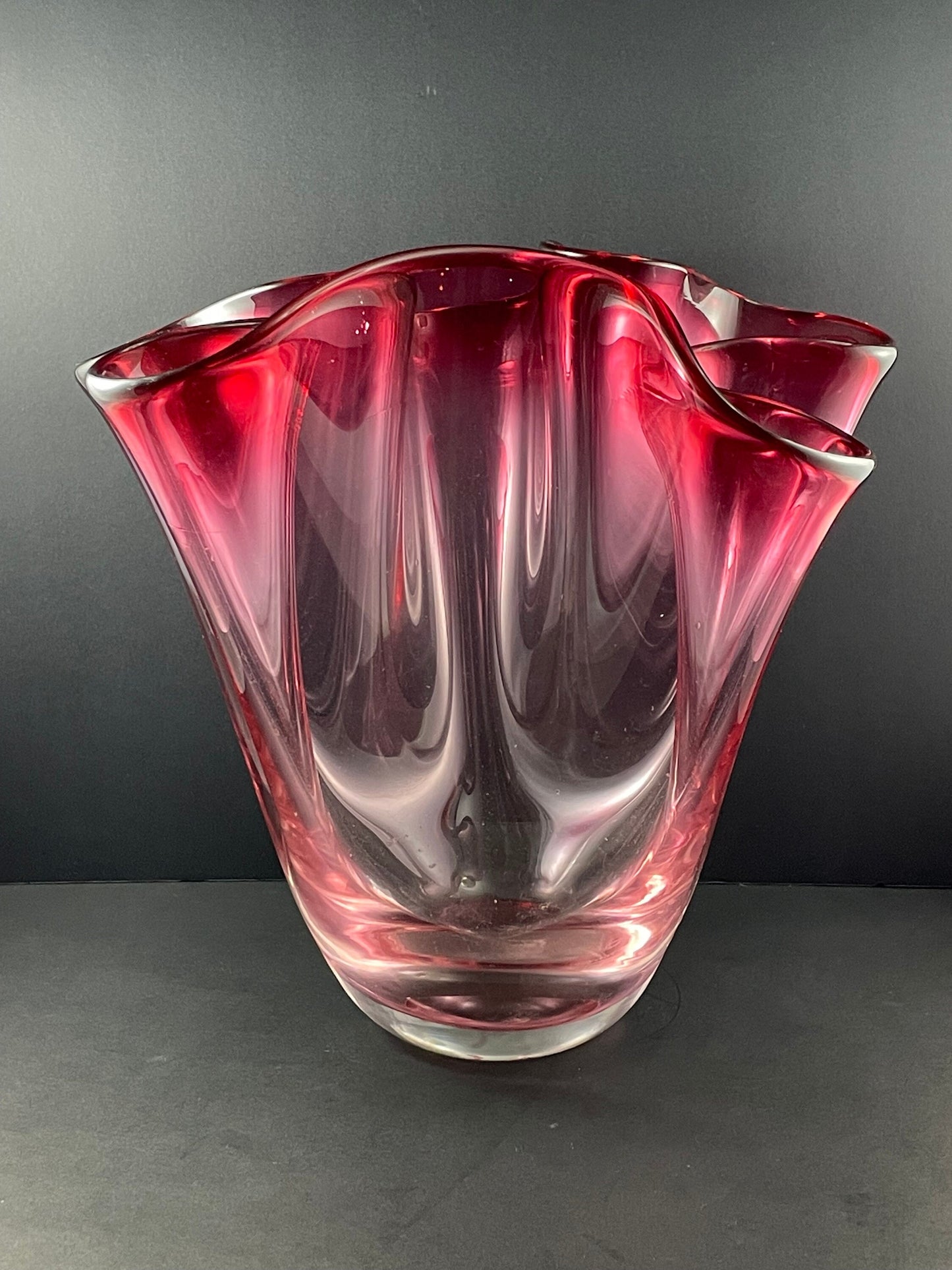 Large Chalet Cranberry Hankerchief Fazzoletto Vase, Etched Chalet Art Glass Vase, 1960s