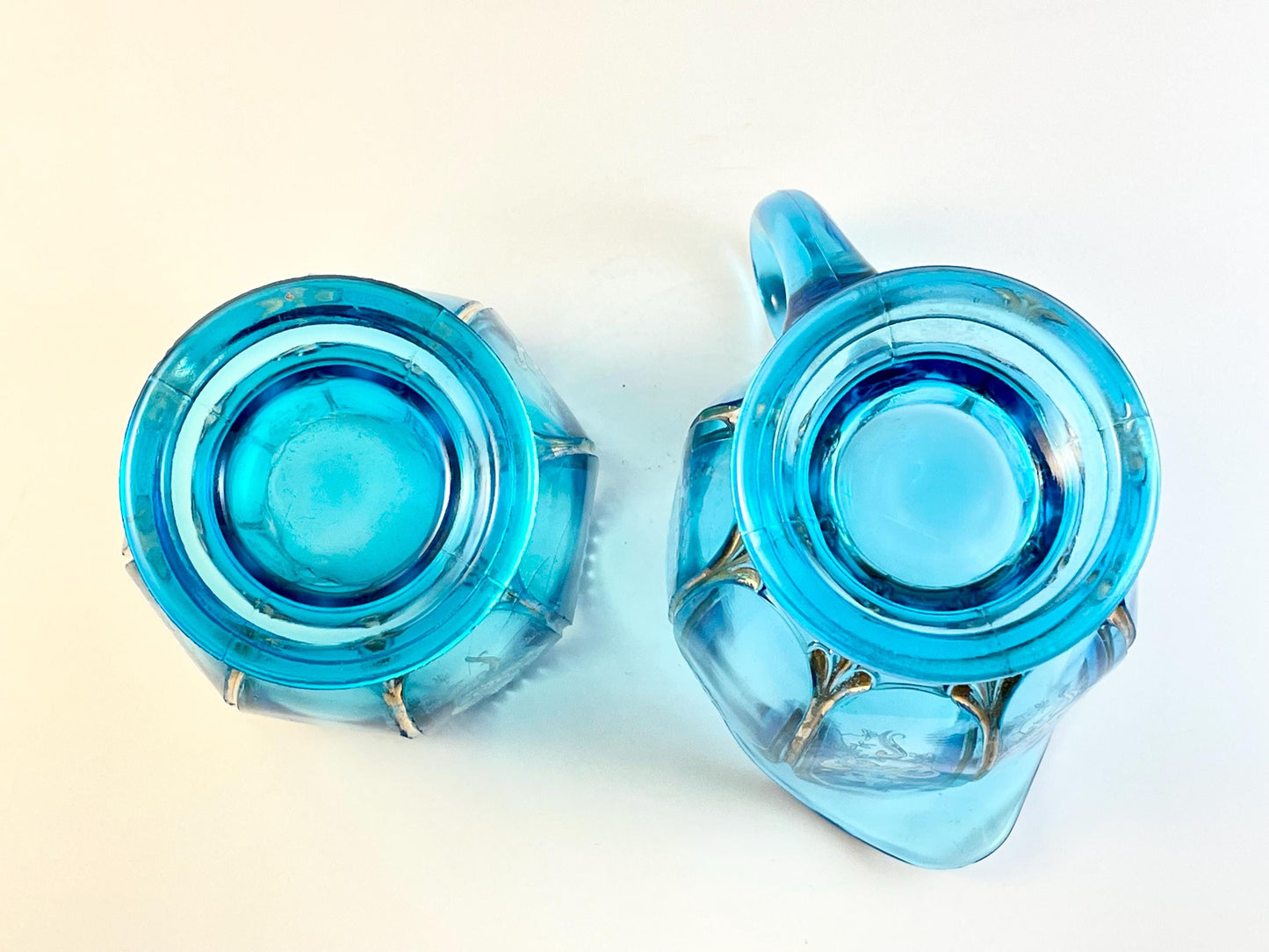 Antique National Glass Co (Northwood Works), Nestor Pattern Blue Creamer and Spooner, EAPG, Circa 1902