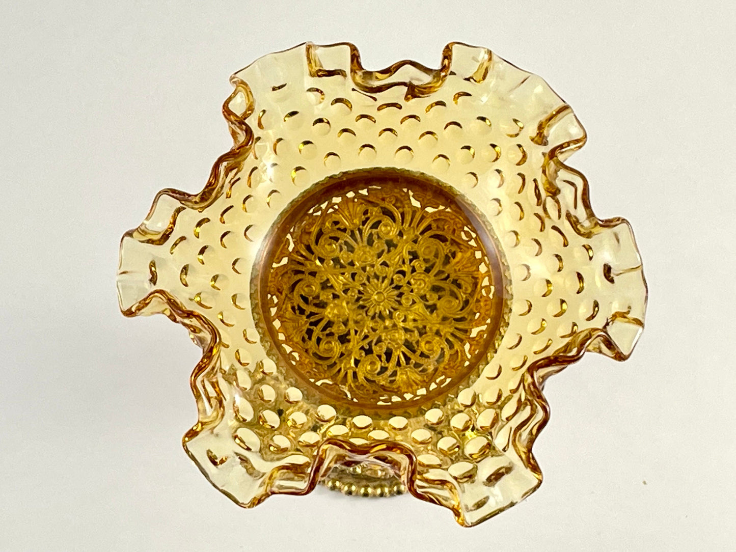 Fenton Ruffled Amber Hobnail Pedestal Dish on Ornate Gold Painted Metal Stand