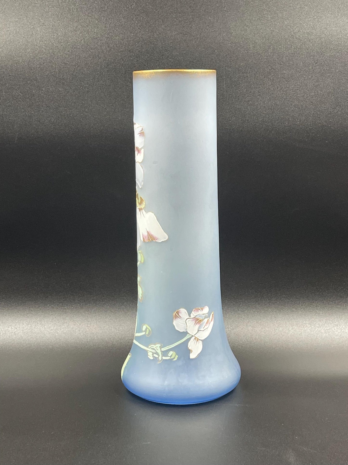 Antique French Legras Handpainted Floral Periwinkle Blue Satin Glass Vase 14"