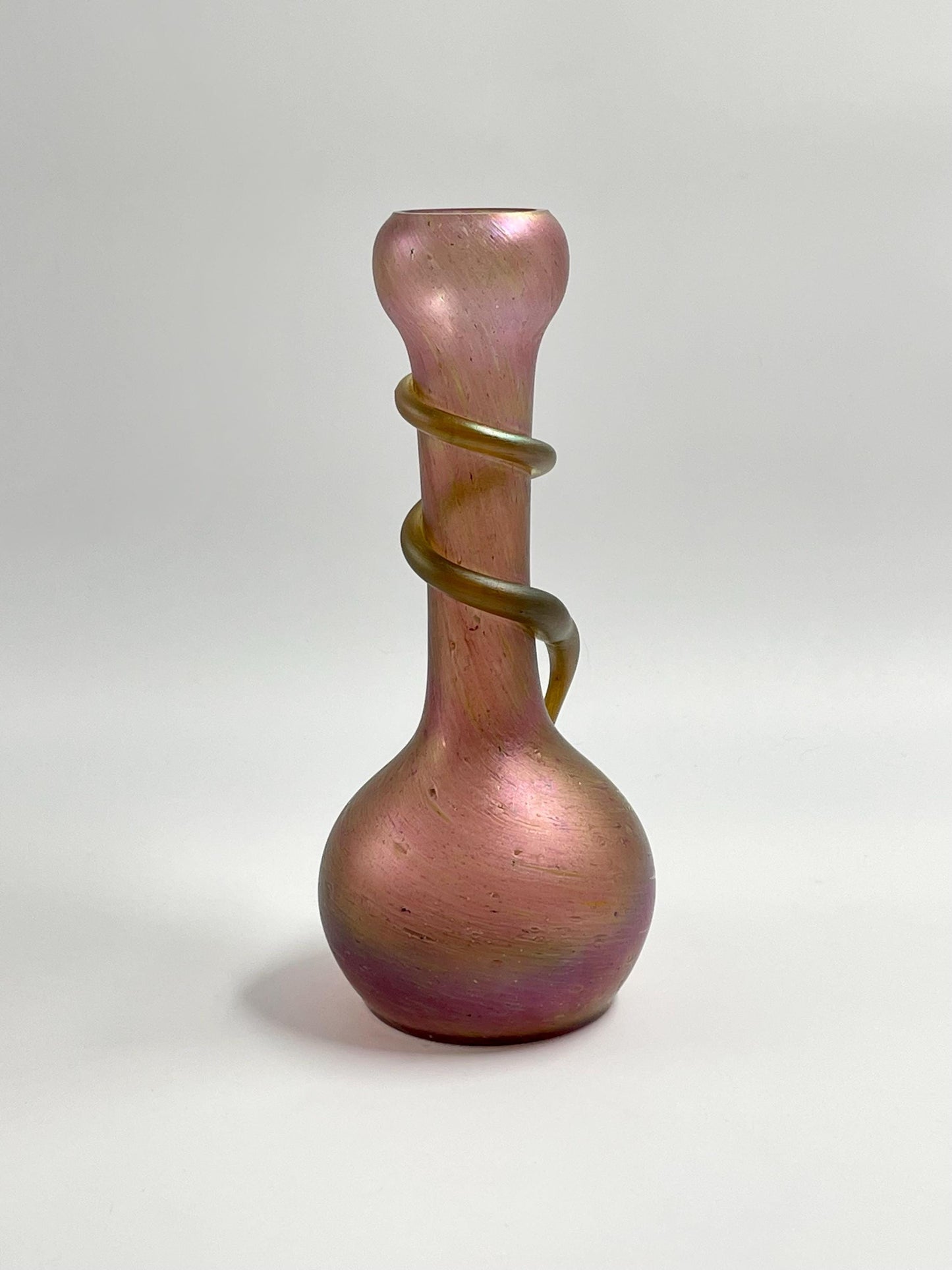 Antique Rindskopf Iridescent Pinkish Gold Snake Vase, Bohemian Czech Art Glass