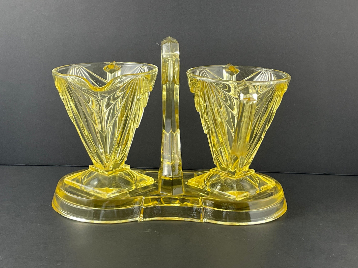 Indiana Glass Art Deco Pyramid Creamer Sugar with Tray Yellow Depression Glass 1926-1932