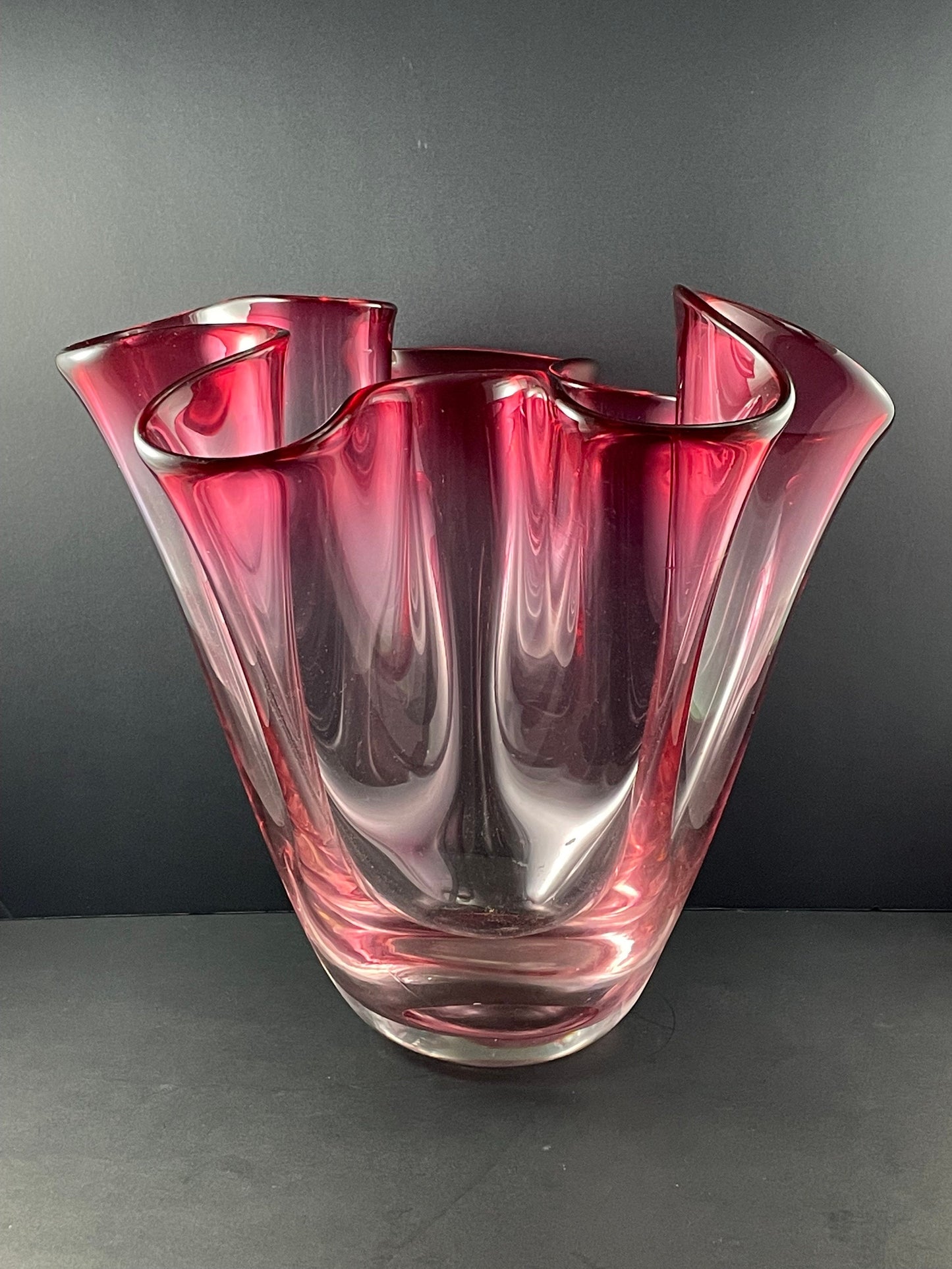 Large Chalet Cranberry Hankerchief Fazzoletto Vase, Etched Chalet Art Glass Vase, 1960s