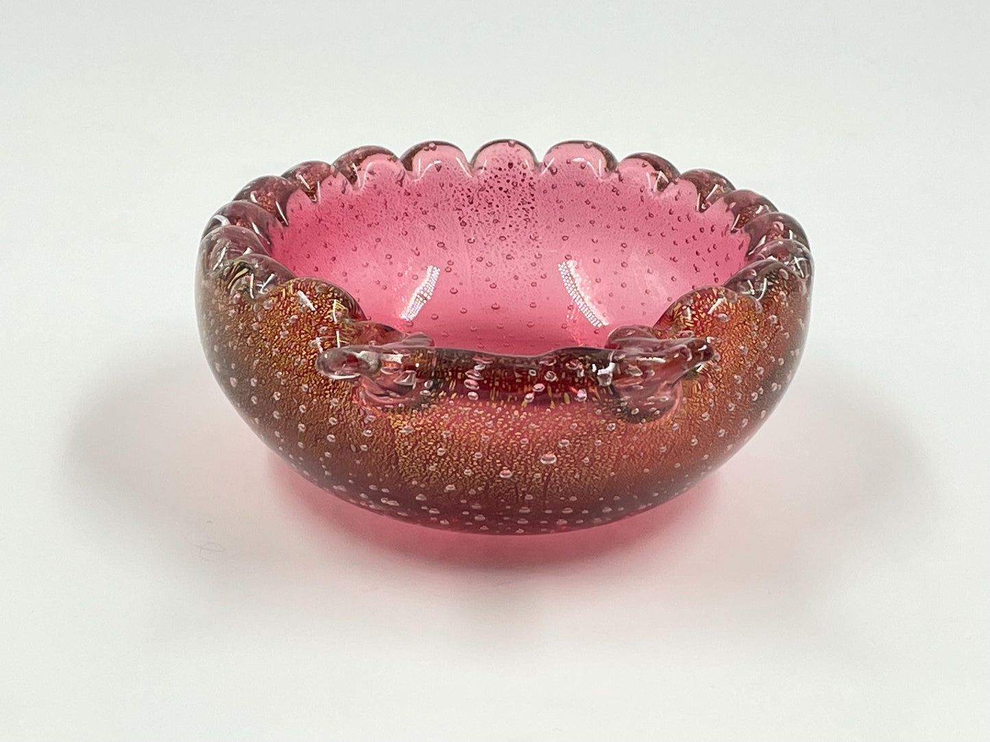 Small Murano Cranberry Candy Trinket Dish, Italian Bullicante Aventurine Art Glass