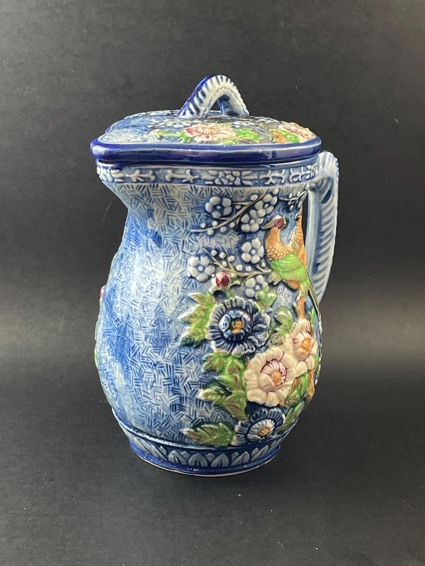 Japan Hand-painted Majolica Lidded Pitcher/Jug With Florals and Birds