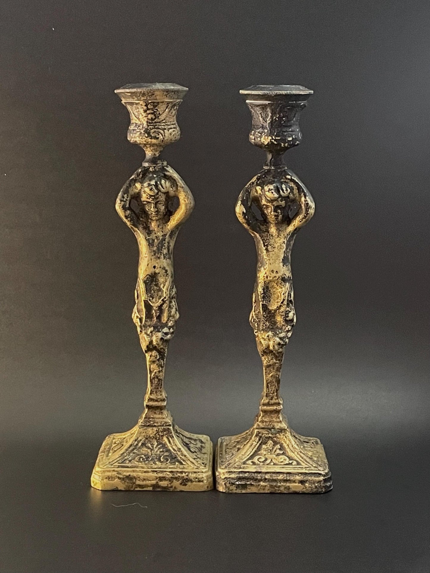 Two (2) Brass Cherub Fleur-de-Lys Candlestick Holders 7-1/4"