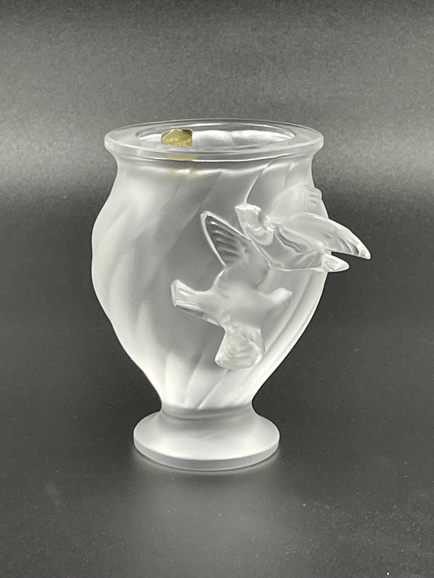 Lalique "Rosine" Flying Doves Frosted Crystal Vase, Signed Lalique (R) France With Sticker