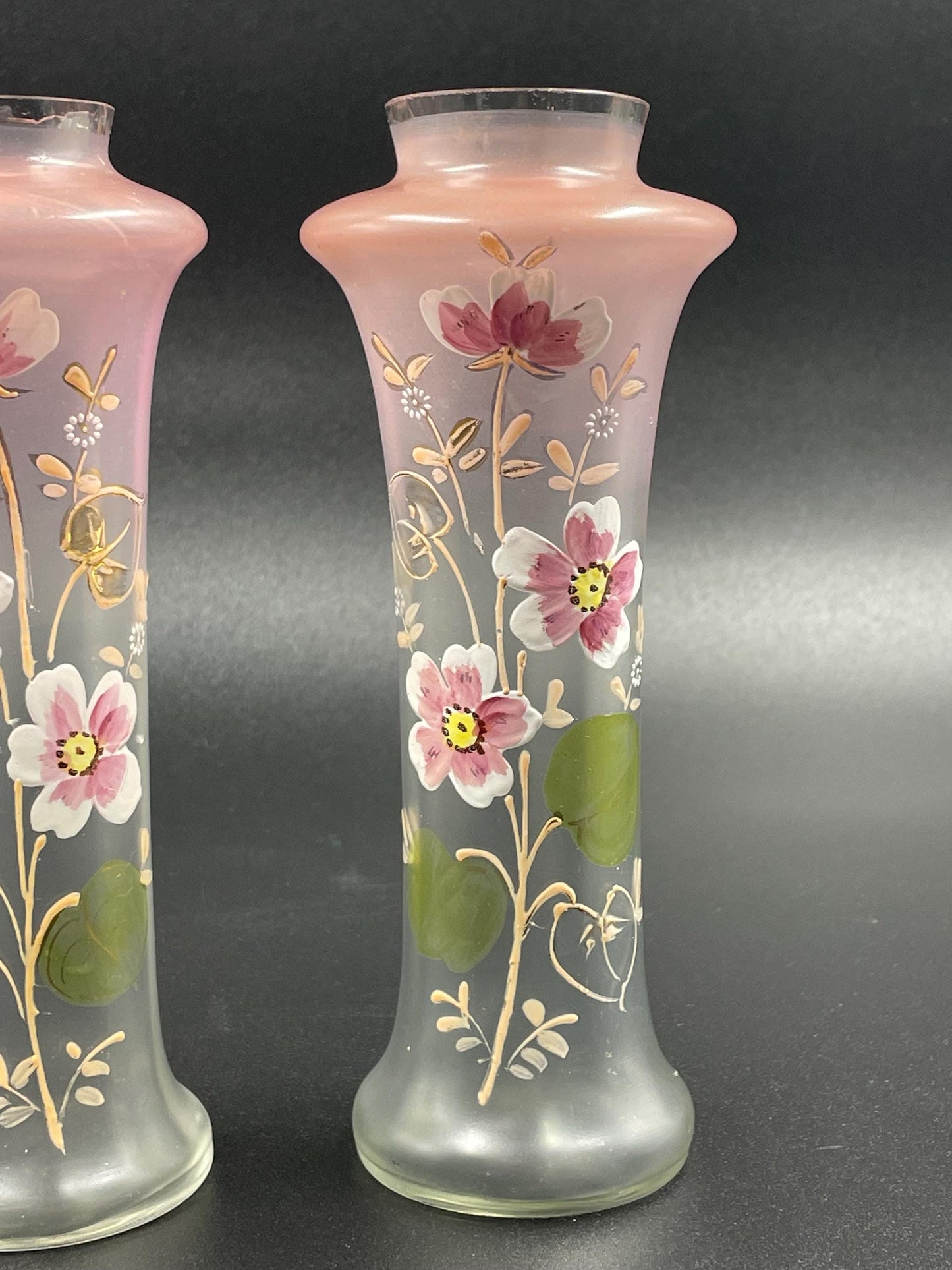 Two Antique Handpainted Floral Glass Vases