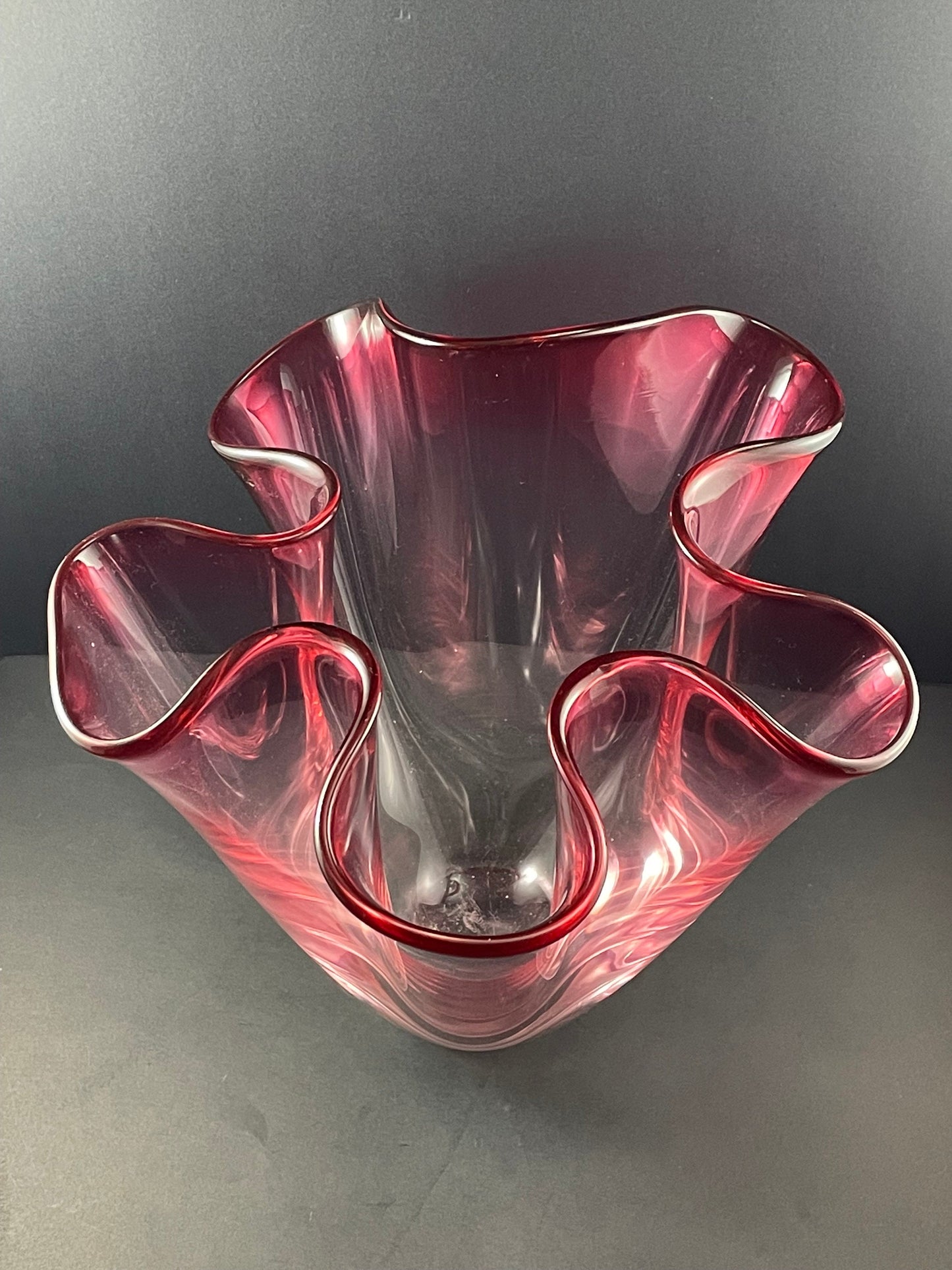 Large Chalet Cranberry Hankerchief Fazzoletto Vase, Etched Chalet Art Glass Vase, 1960s