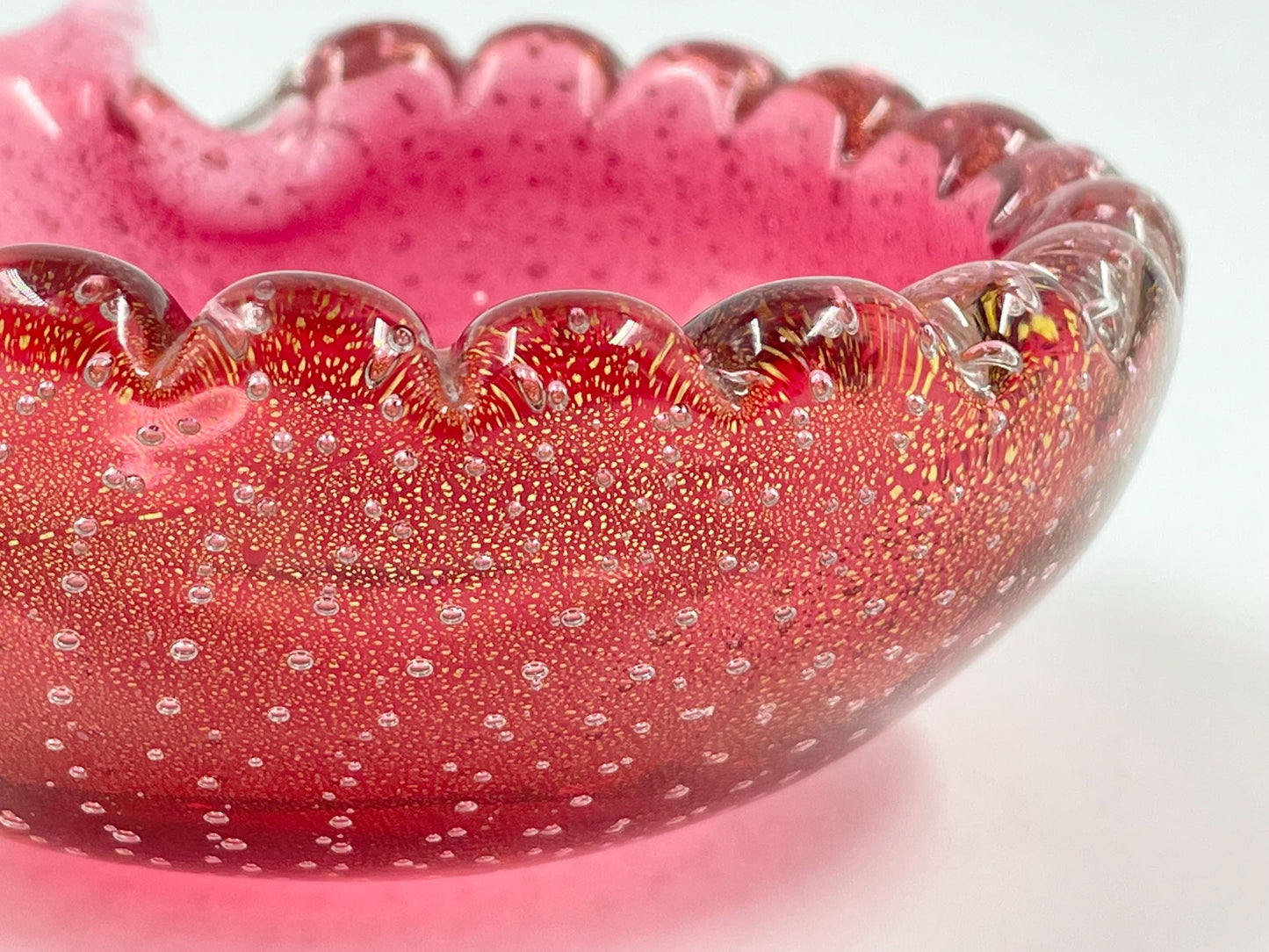 Small Murano Cranberry Candy Trinket Dish, Italian Bullicante Aventurine Art Glass