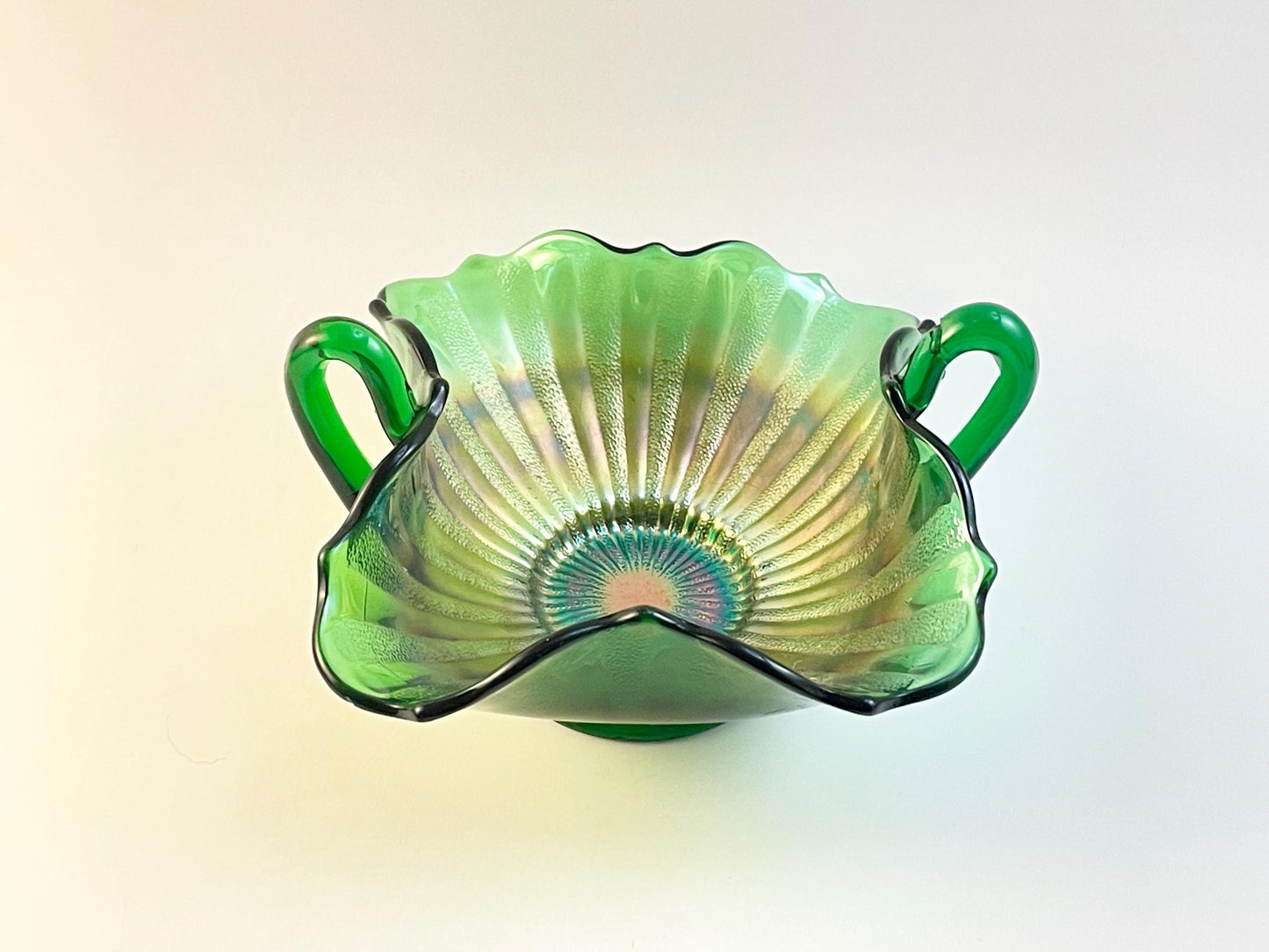 Fenton Stippled Rays Green Carnival Candy Dish