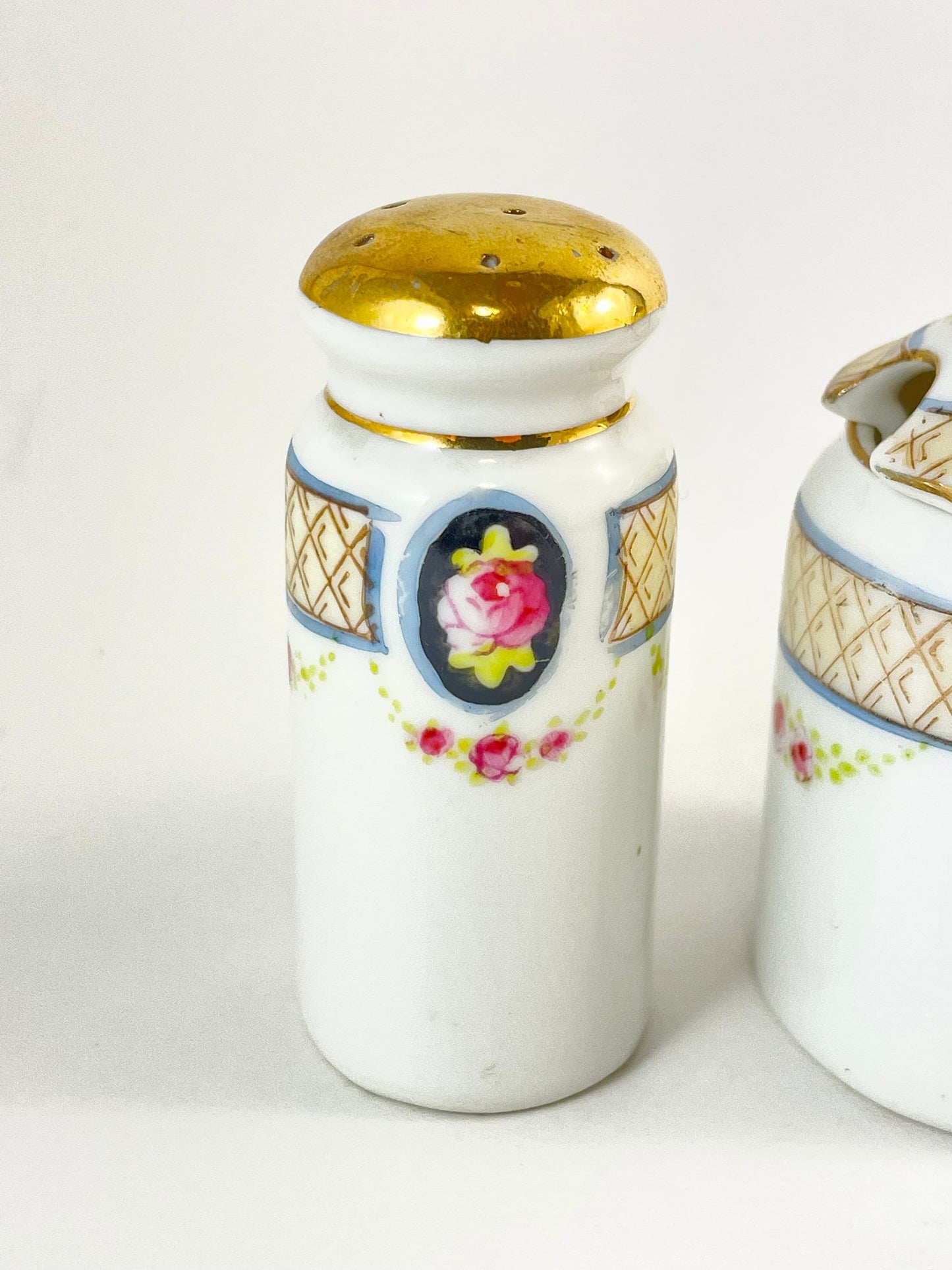 Test product-Antique Hand-painted Nippon Salt Pepper Condiment Set, Missing Spoon, Circa 1891-1921