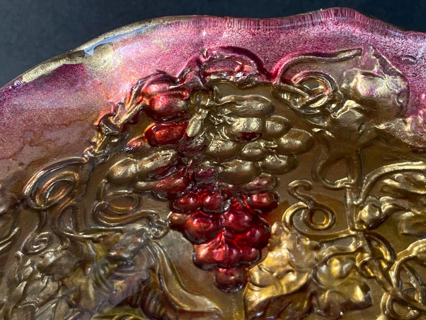 Antique Goofus Glass Dish, Enamel Painted Gold and Red Grape and Leaves