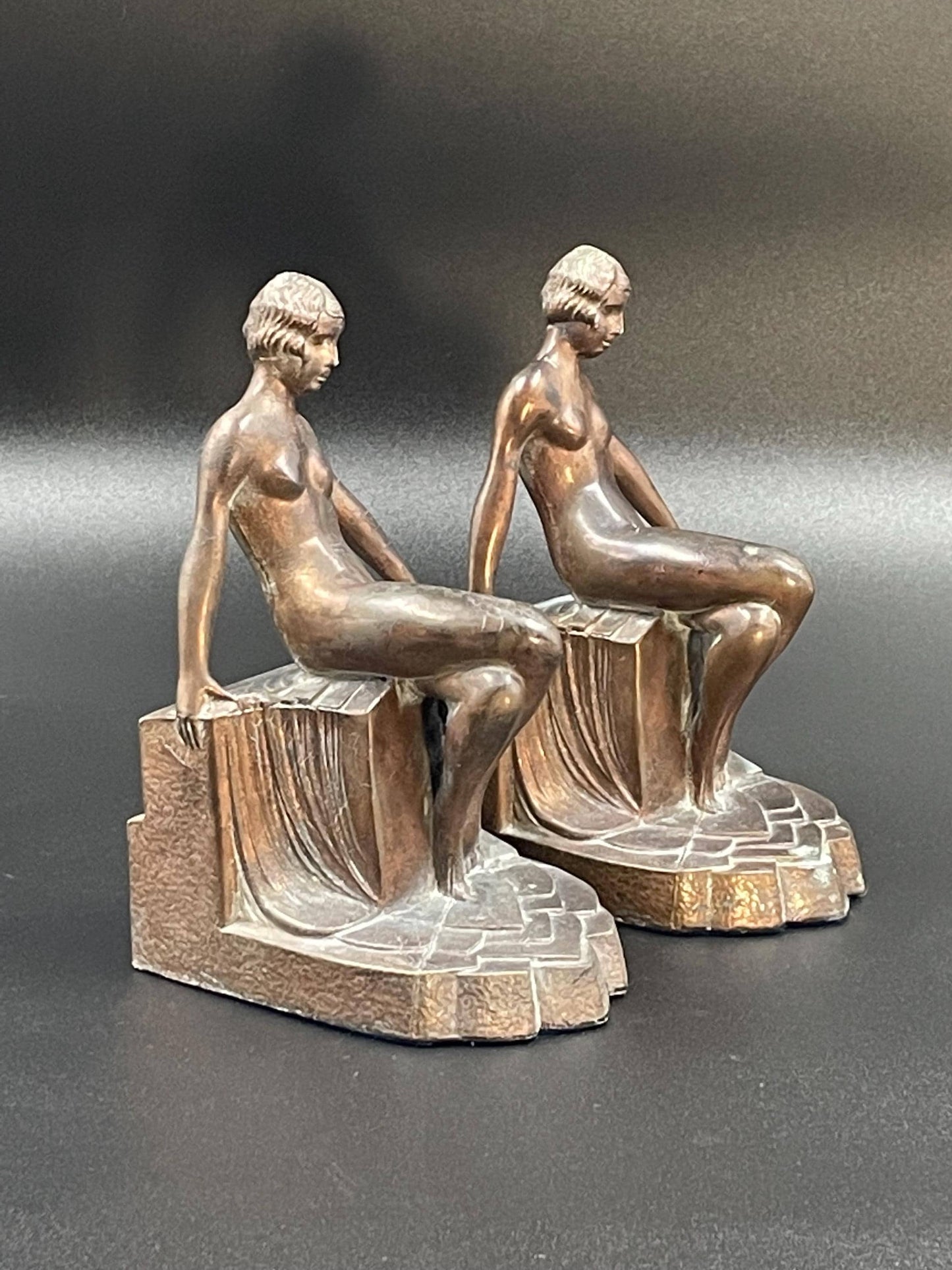 Nude Figure Seated Pose Art Deco Metal Bookends, Made in USA, 1930s