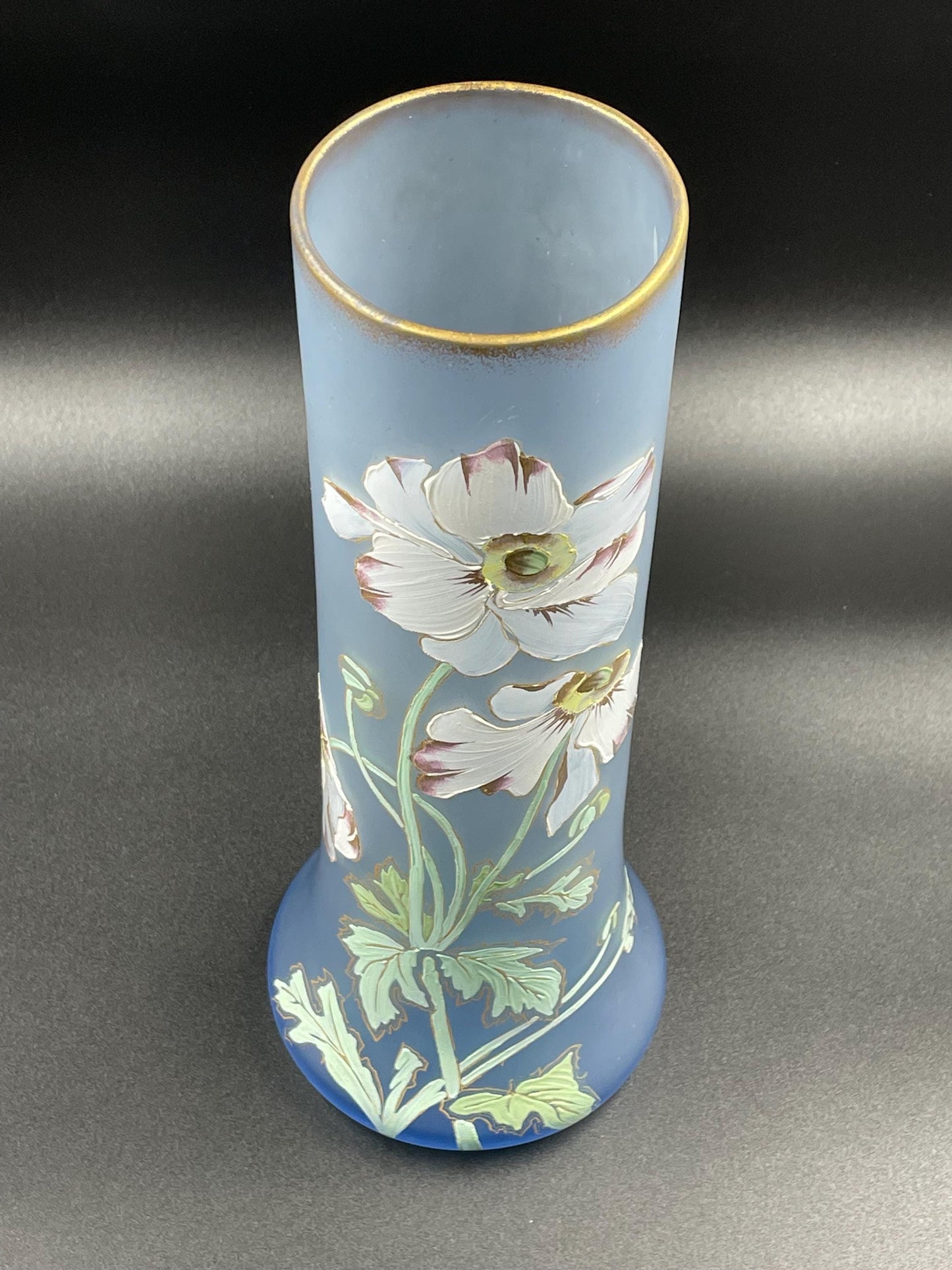 Antique French Legras Handpainted Floral Periwinkle Blue Satin Glass Vase 14"